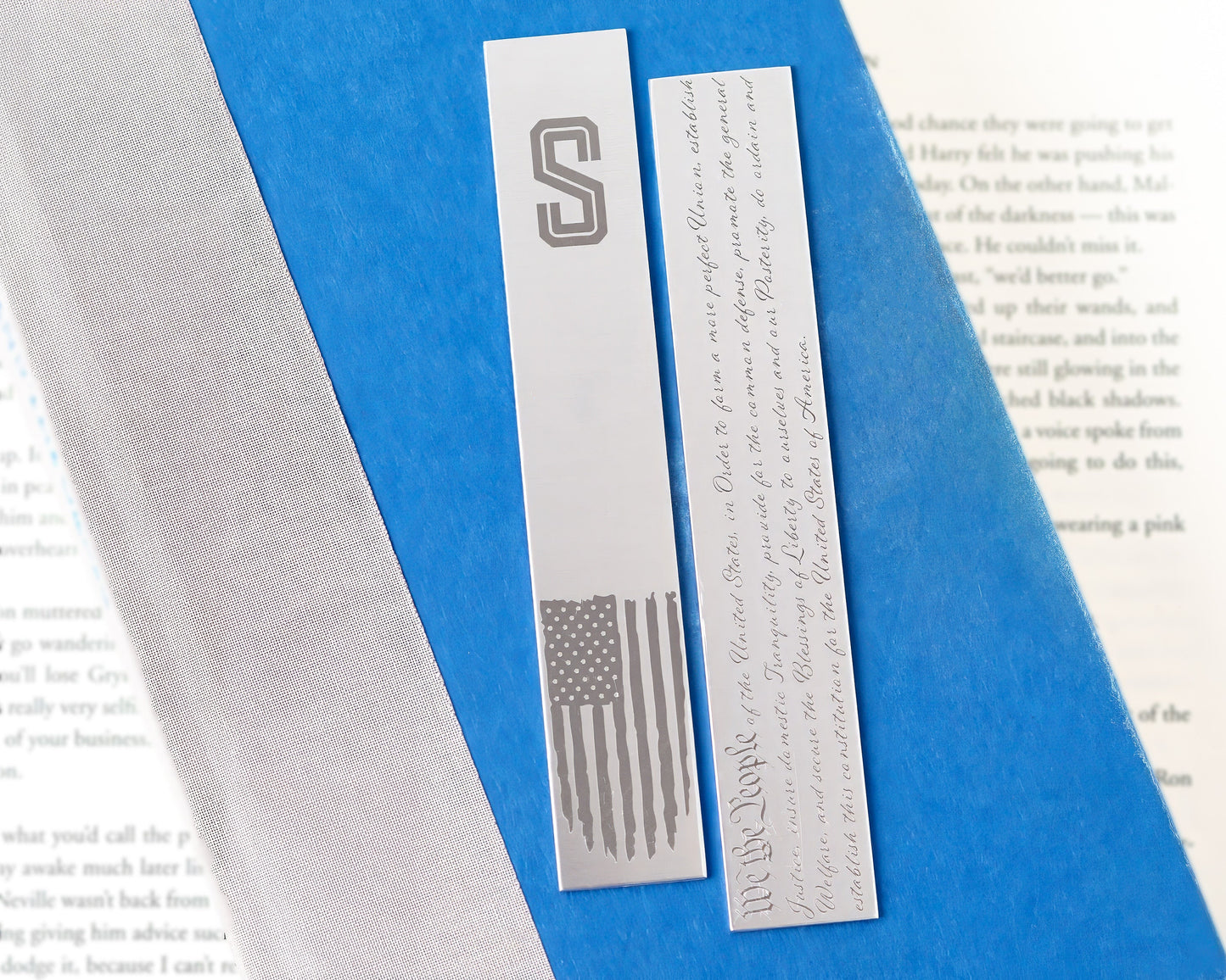 Patriotic Metal Bookmark with Monogram, Flag & Constitution