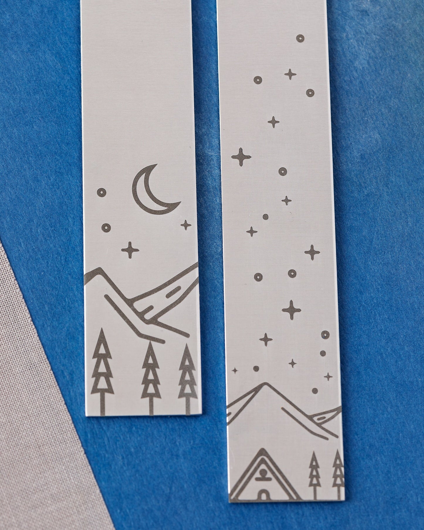 Aluminum Monogram Bookmark featuring mountains, trees, and stars design