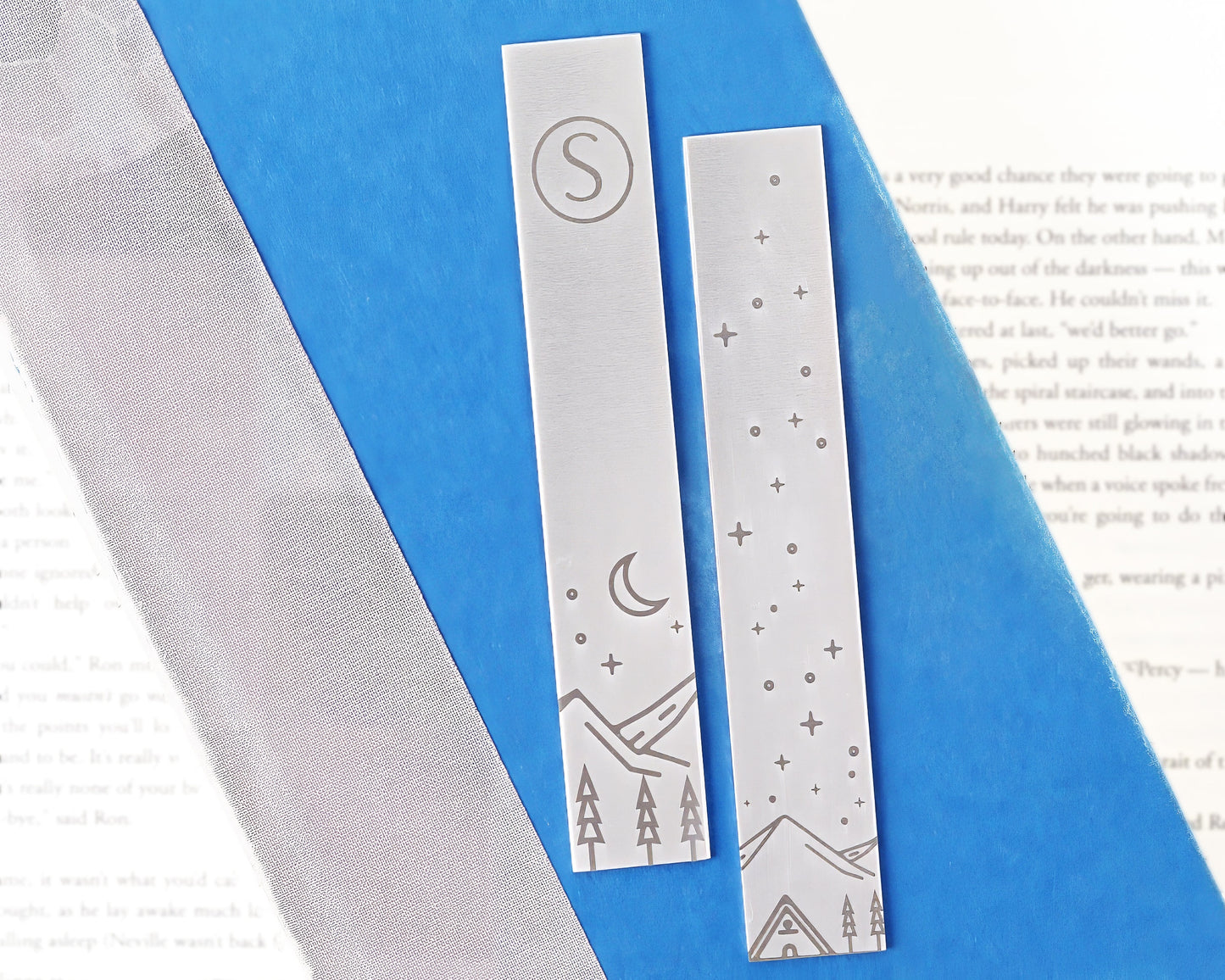 Aluminum Monogram Bookmark featuring mountains, trees, and stars design