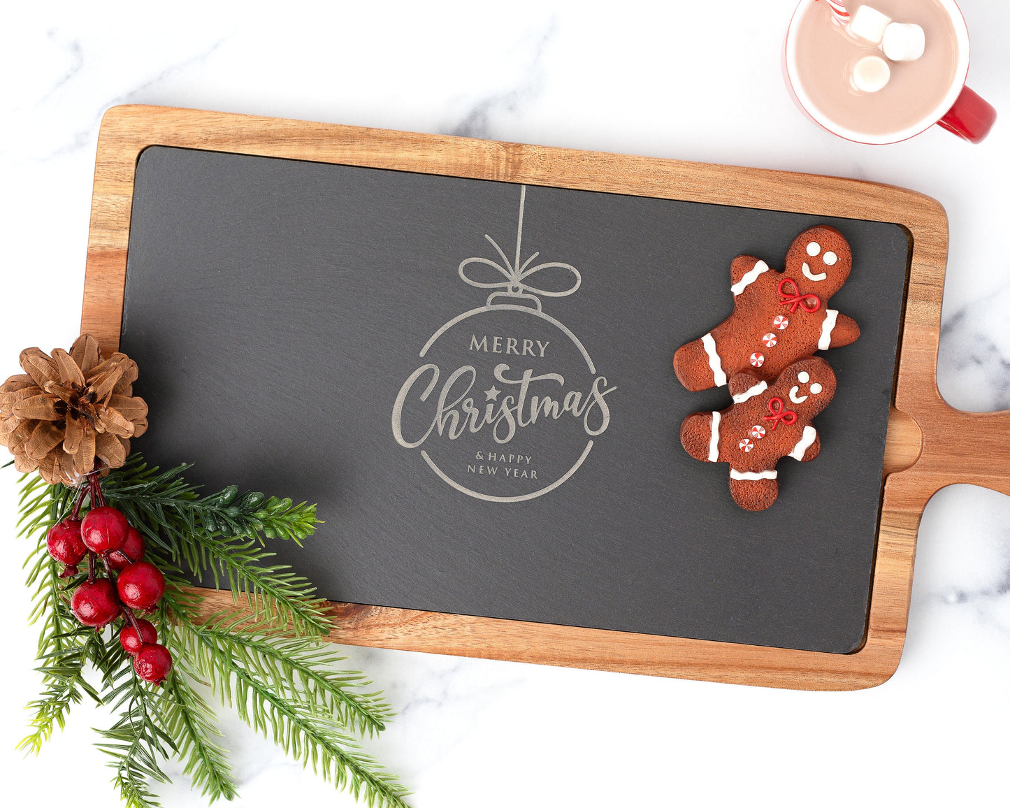"Merry Christmas" Slate & Acacia Cheese Board – Holiday Charcuterie Gift for Hosts