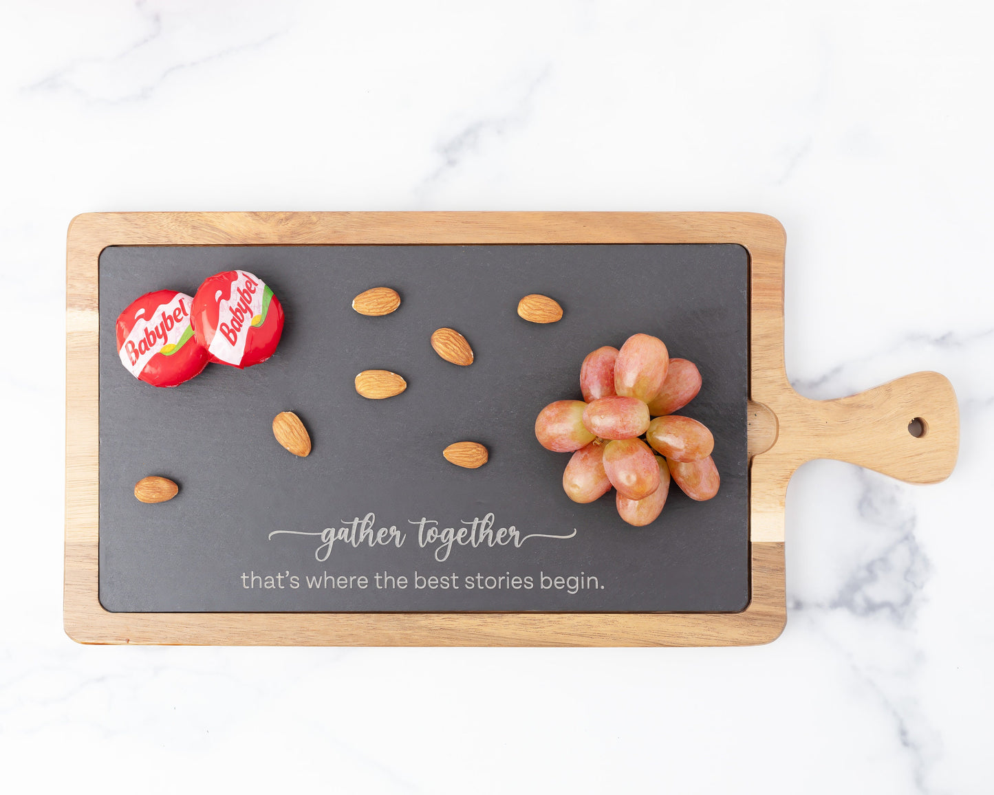 "Gather Together" Slate & Acacia Cheese Board – Laser Engraved Host or Housewarming Gift