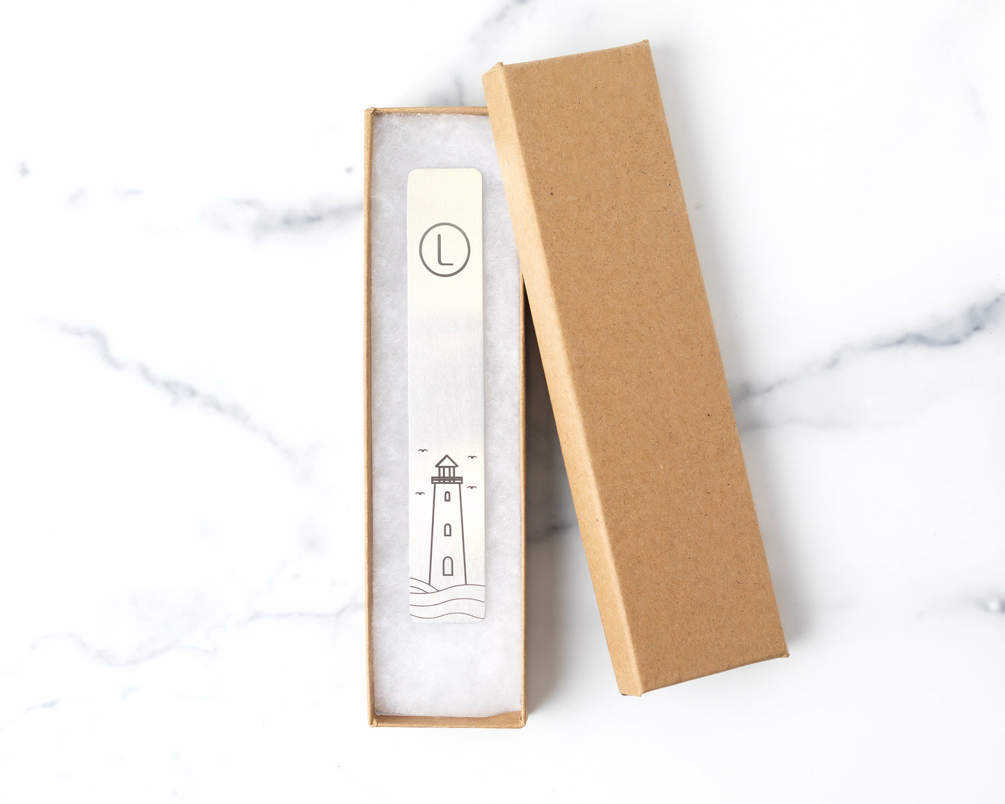 Ocean Bookmark lacer engraved with Monogram, Lighthouse & Seagulls