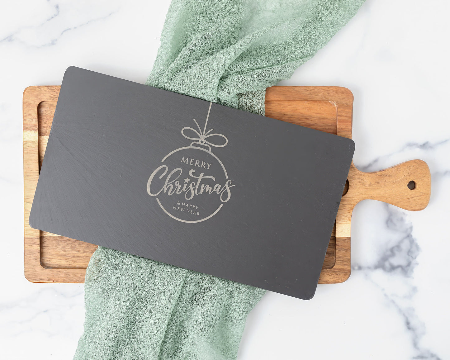 "Merry Christmas" Slate & Acacia Cheese Board – Holiday Charcuterie Gift for Hosts