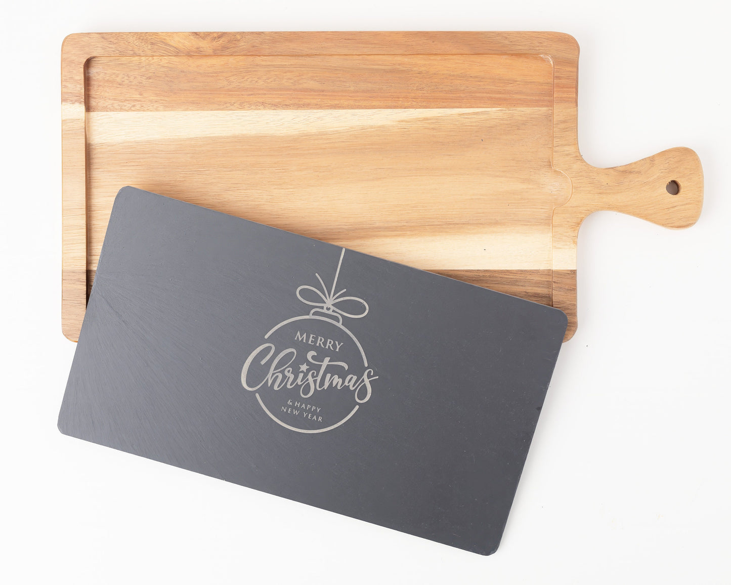 "Merry Christmas" Slate & Acacia Cheese Board – Holiday Charcuterie Gift for Hosts