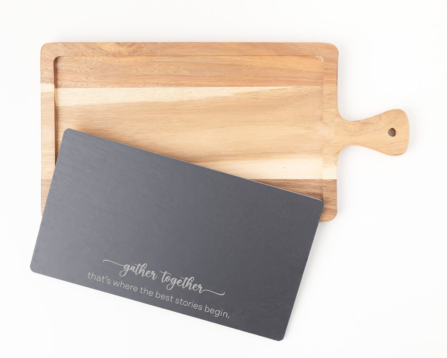 "Gather Together" Slate & Acacia Cheese Board – Laser Engraved Host or Housewarming Gift