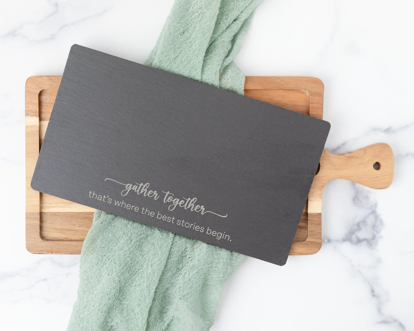 "Gather Together" Slate & Acacia Cheese Board – Laser Engraved Host or Housewarming Gift