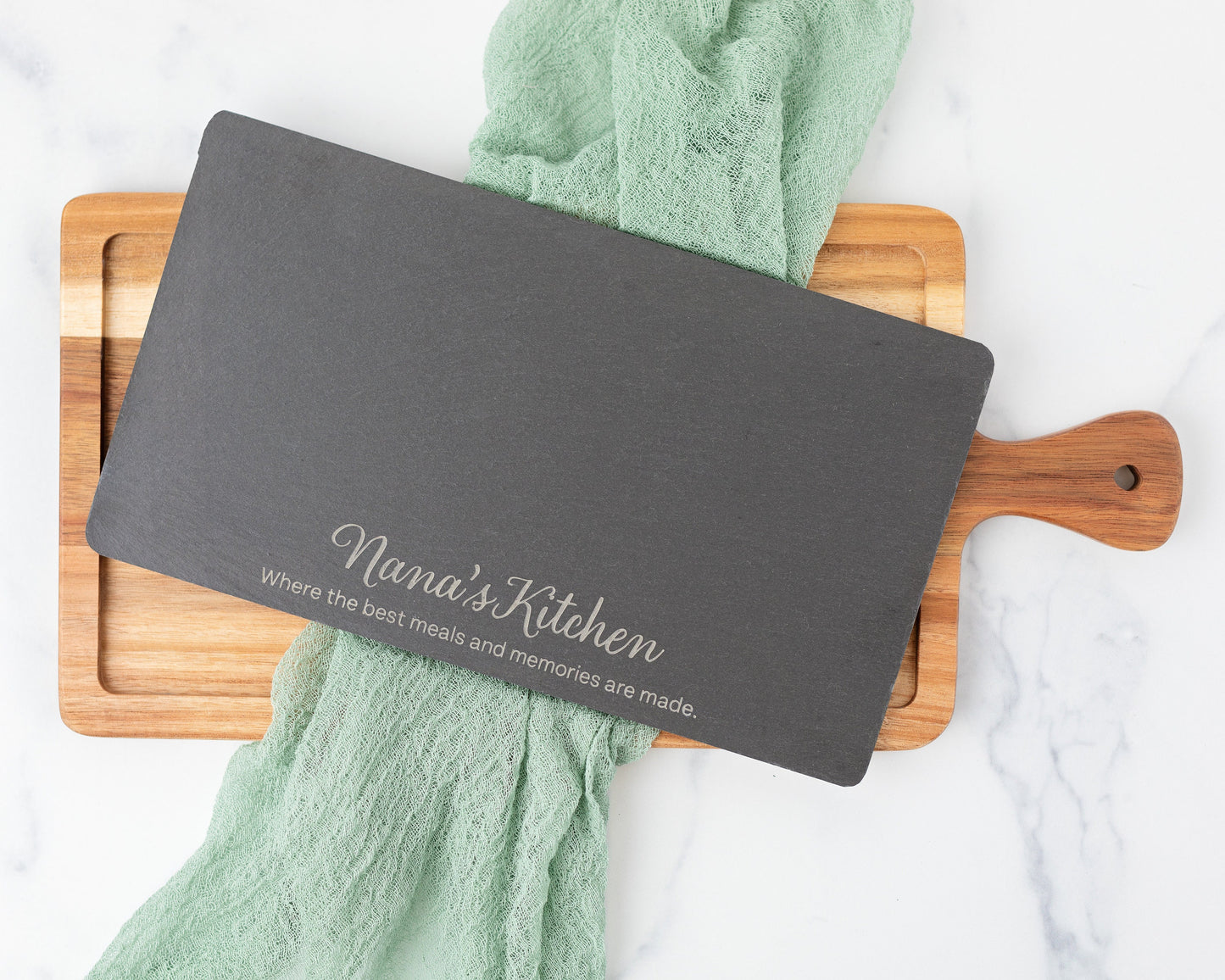 Personalized Slate & Acacia Serving Tray – "Nana’s Kitchen" Custom Charcuterie Board Gift