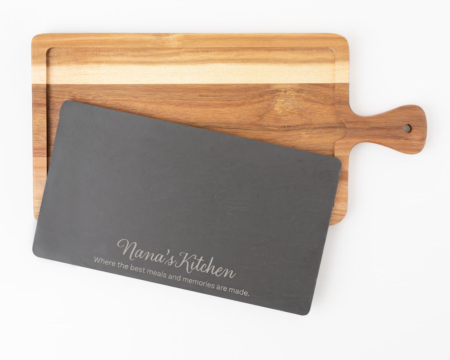 Personalized Slate & Acacia Serving Tray – "Nana’s Kitchen" Custom Charcuterie Board Gift