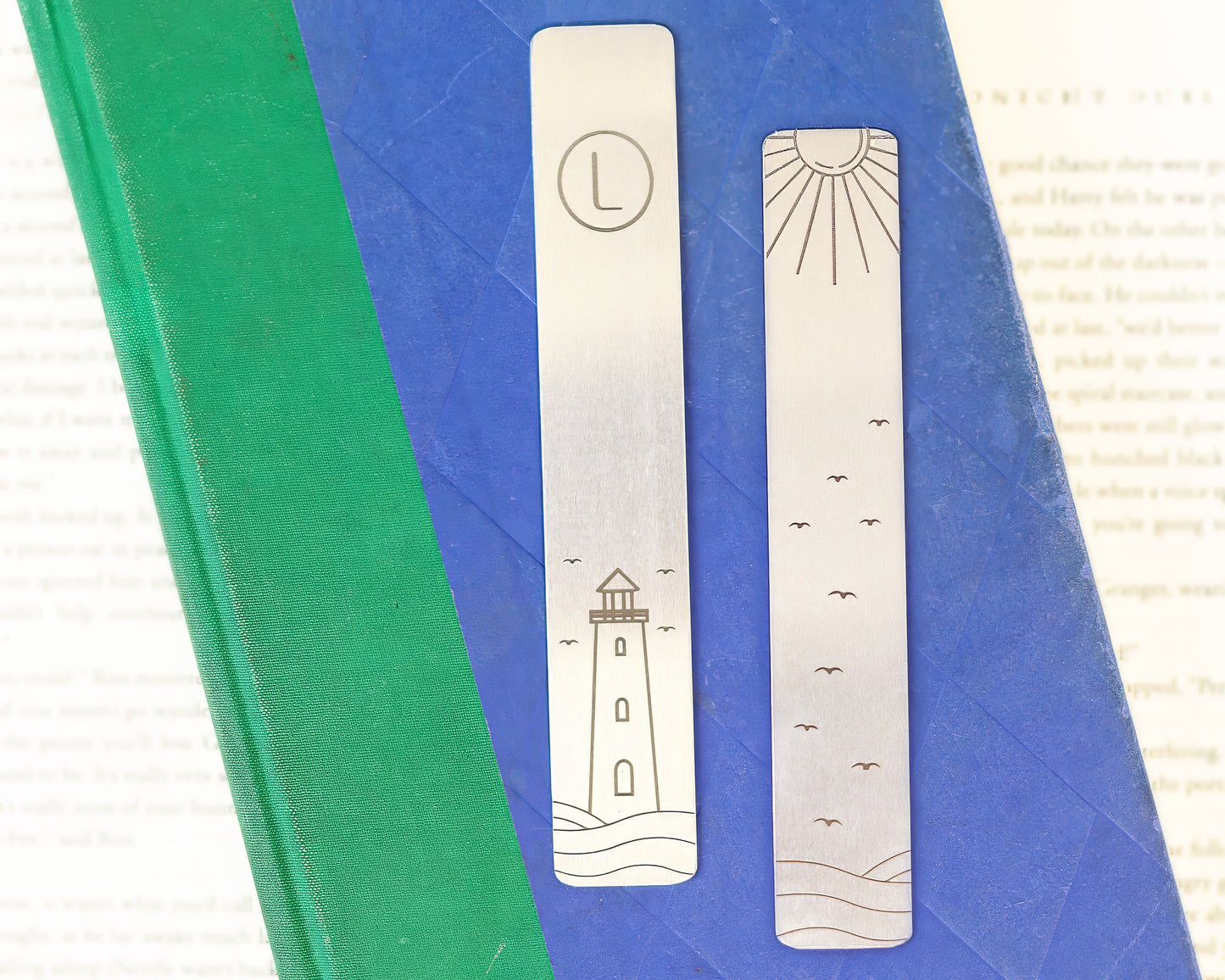 Ocean Bookmark lacer engraved with Monogram, Lighthouse & Seagulls