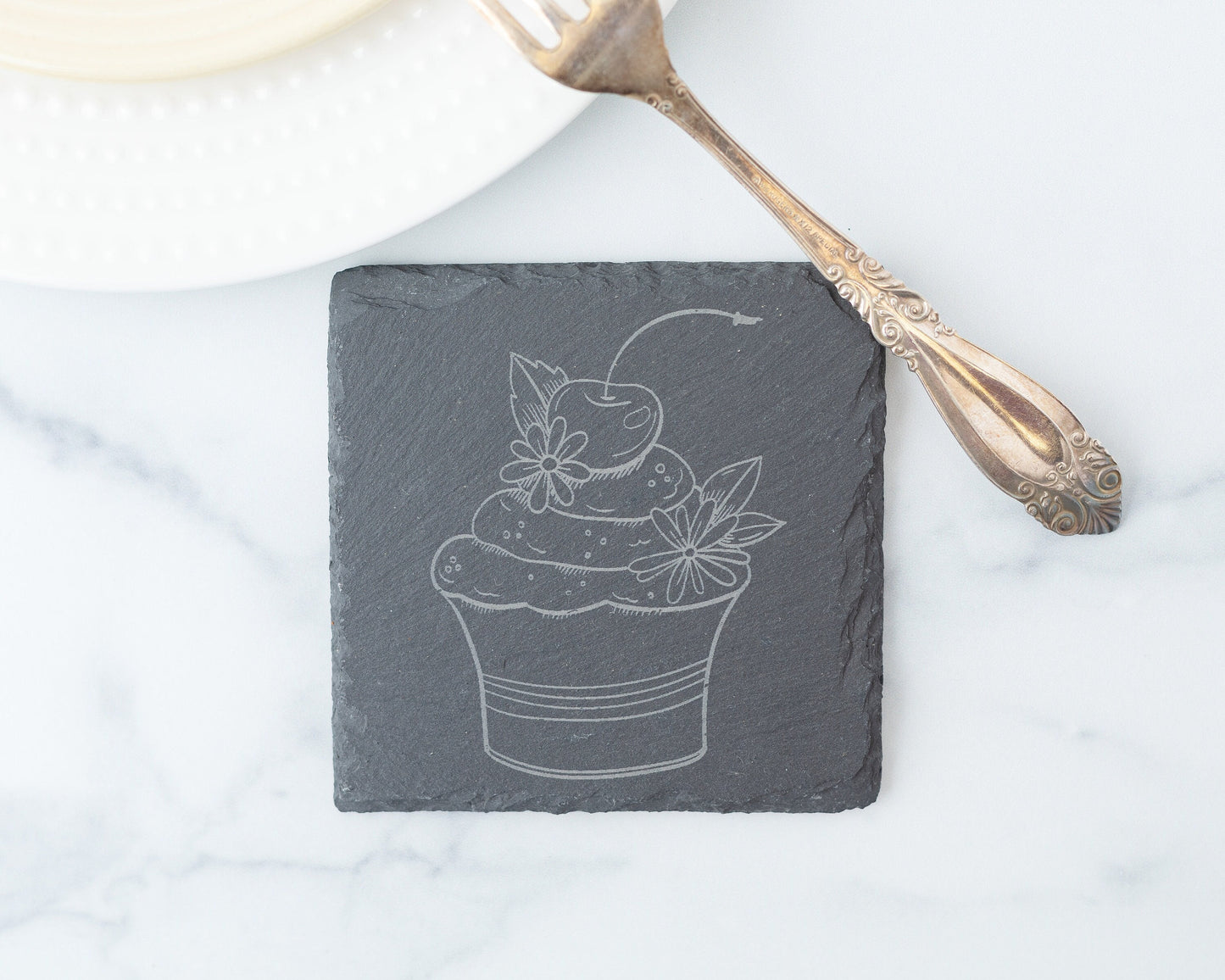 Cherry Cupcake Slate Coasters – Engraved Set of 4 for Bakers