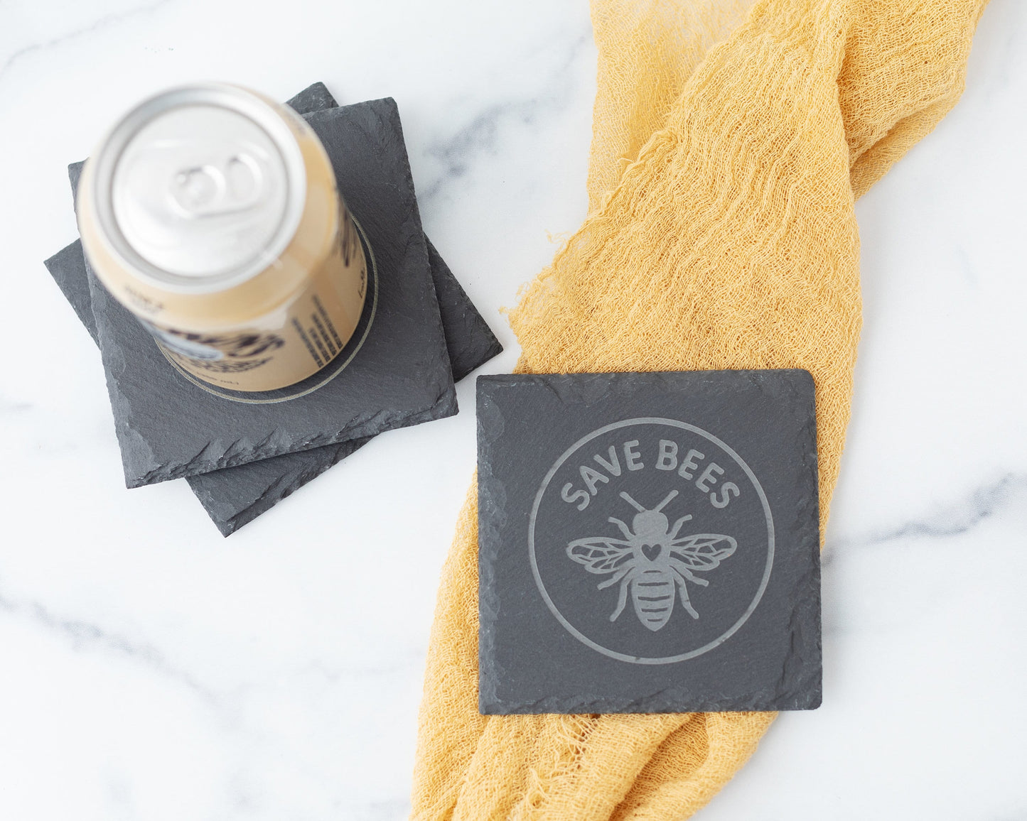 Save Bees Slate Coasters – Engraved Bumble Bee Set of 4