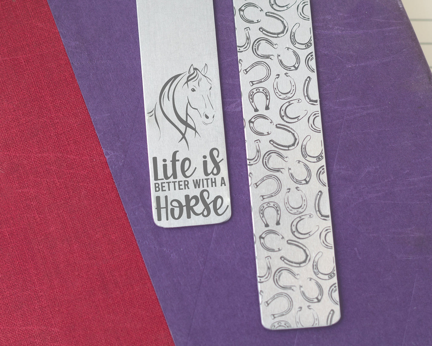 Laser engraved aluminum Monogram bookmark featuring "Life is Better With a Horse"