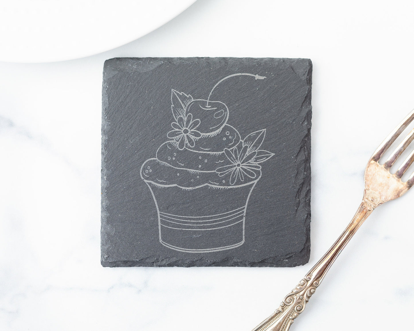 Cherry Cupcake Slate Coasters – Engraved Set of 4 for Bakers