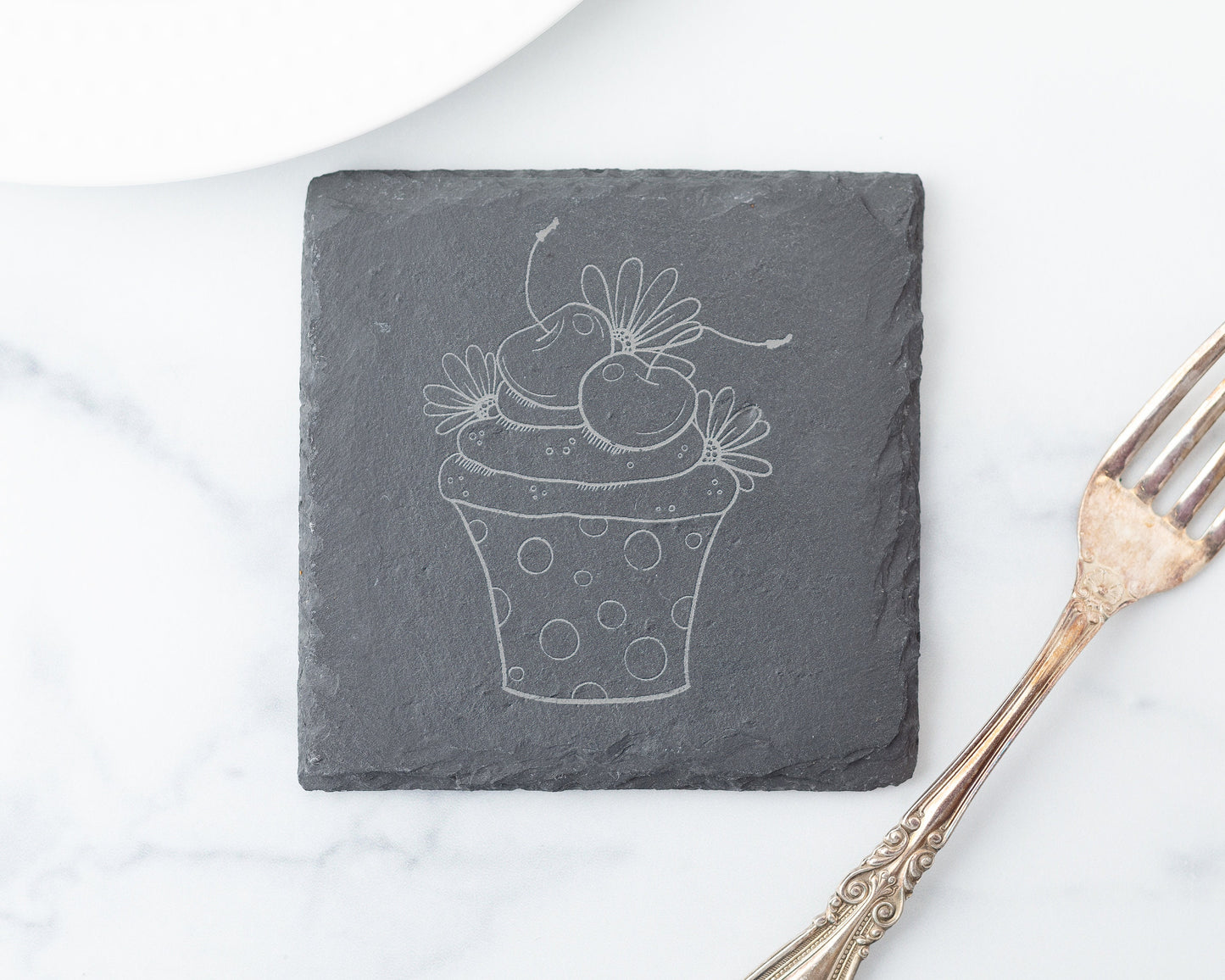 Cherry Cupcake Slate Coasters – Set of 4 Engraved for Bakers & Dessert Lovers