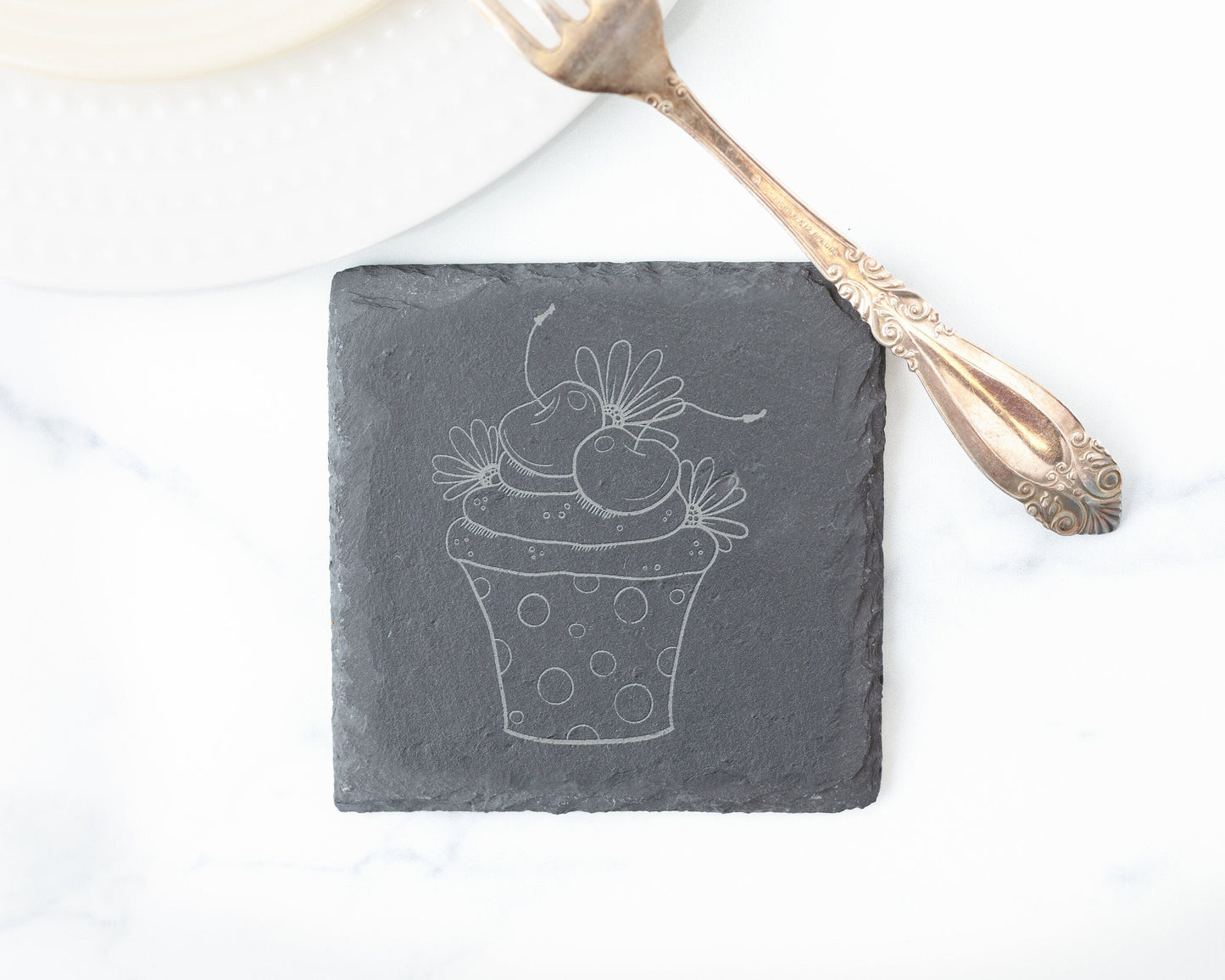 Cherry Cupcake Slate Coasters – Set of 4 Engraved for Bakers & Dessert Lovers