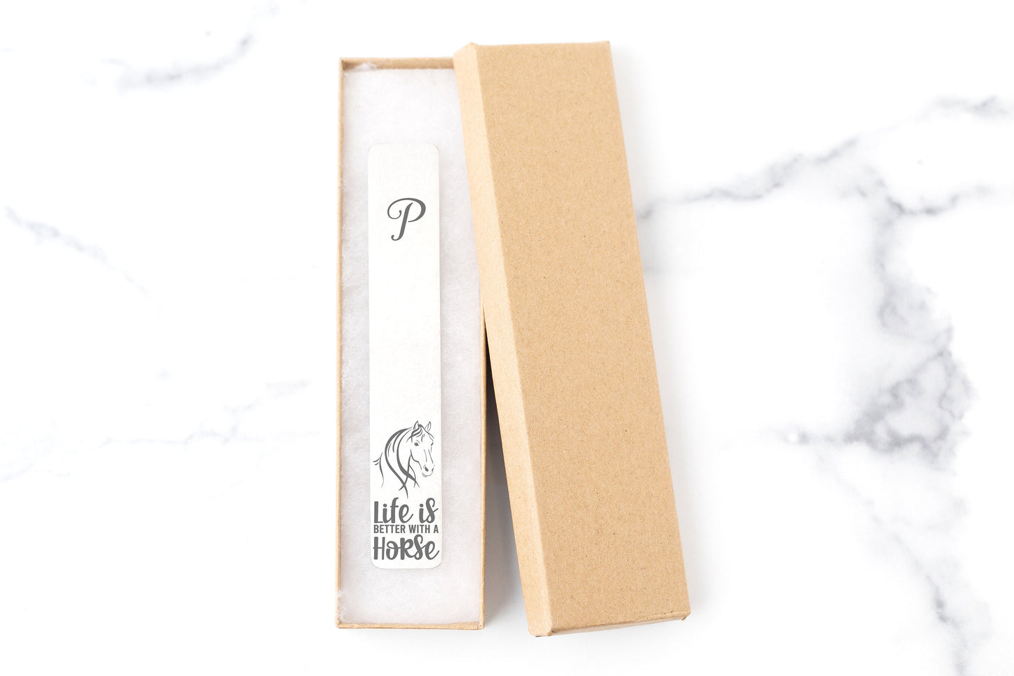 Laser engraved aluminum Monogram bookmark featuring "Life is Better With a Horse"