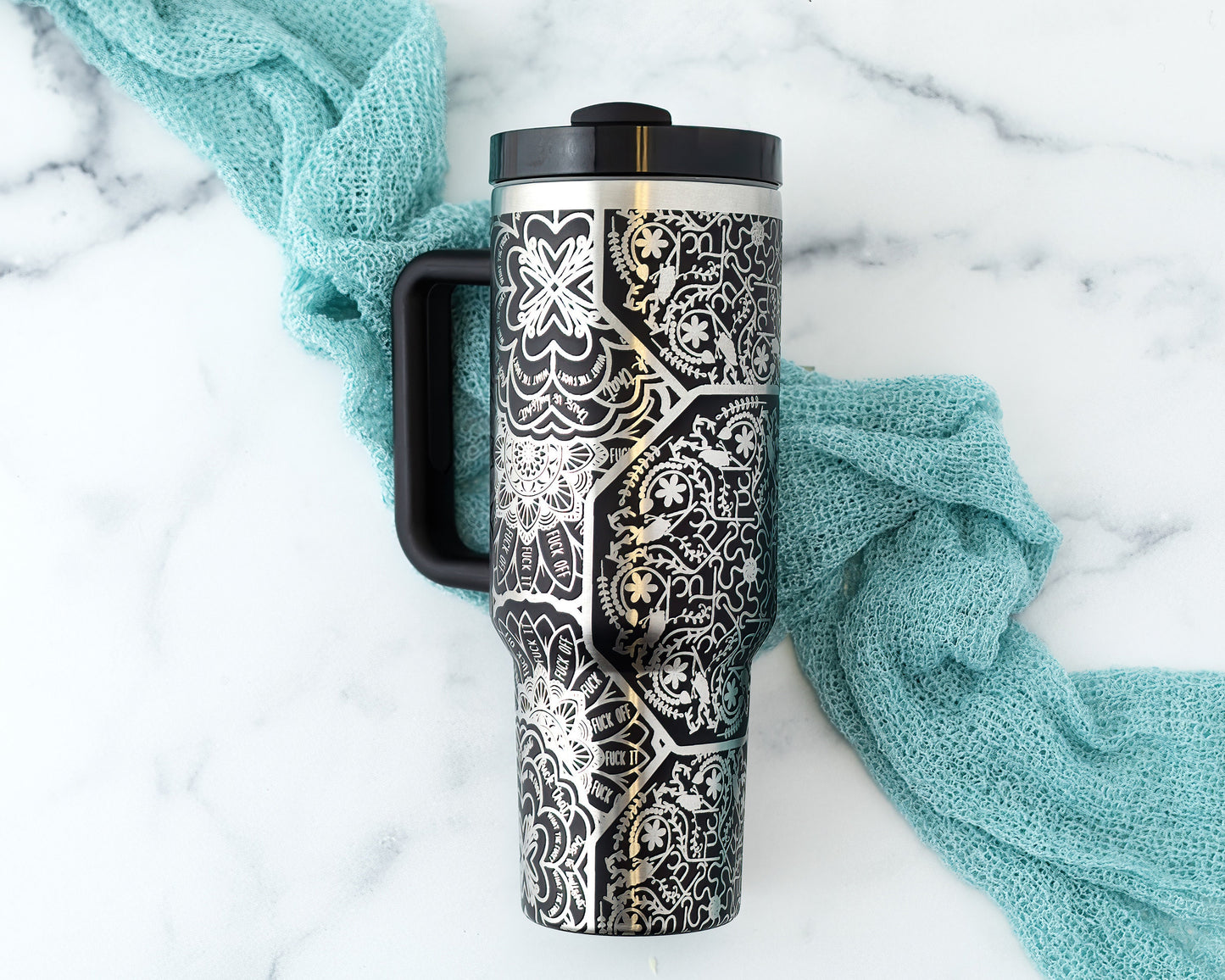 40oz Tumbler with Handle Laser Engraved with Hidden Cuss Word (f*ck) Mandala