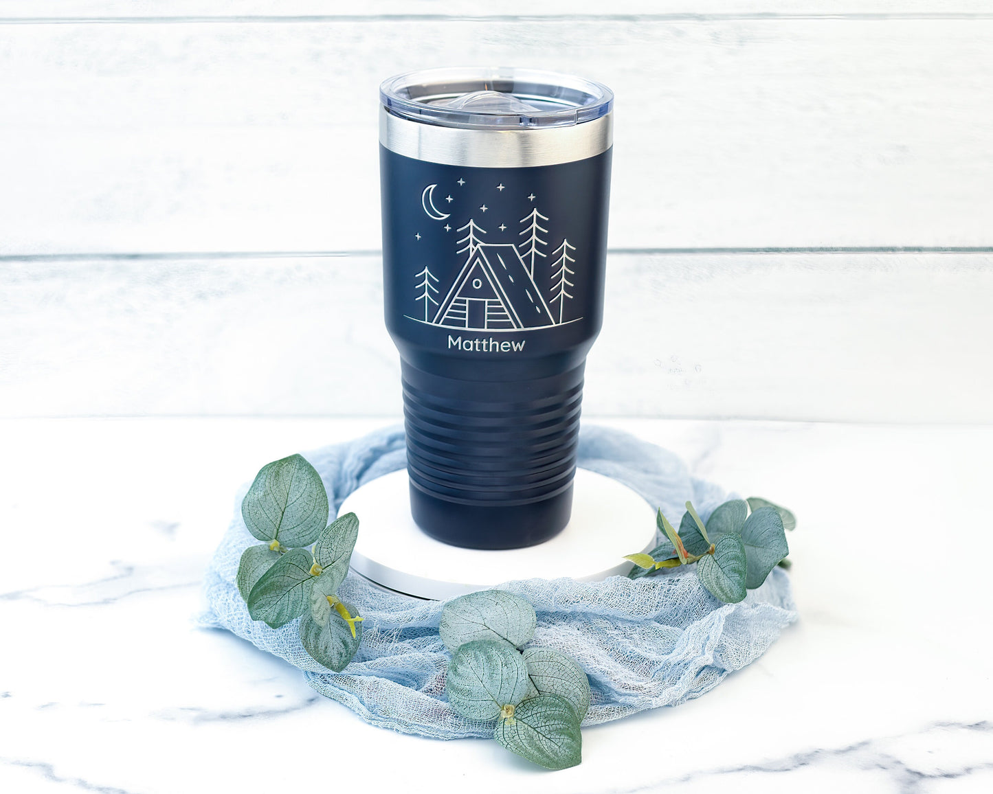 30oz Laser Engraved Tumbler with Cabin & Moon Design | Insulated Stainless Steel Travel Mug for Outdoor Lovers