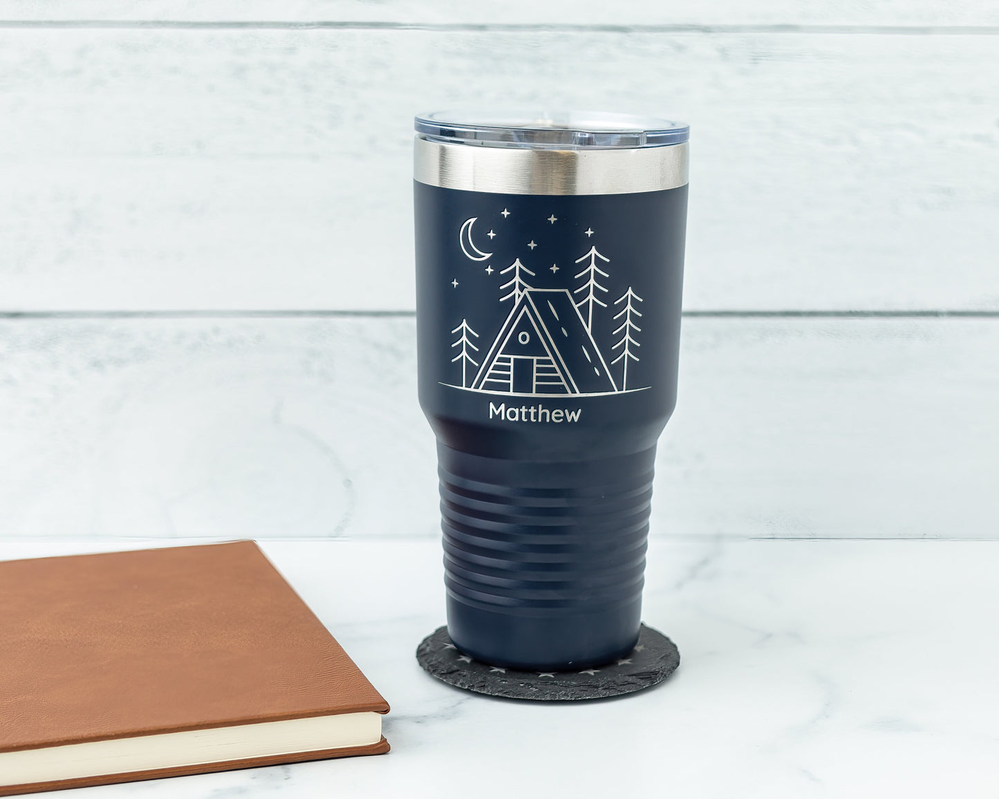 30oz Laser Engraved Tumbler with Cabin & Moon Design | Insulated Stainless Steel Travel Mug for Outdoor Lovers