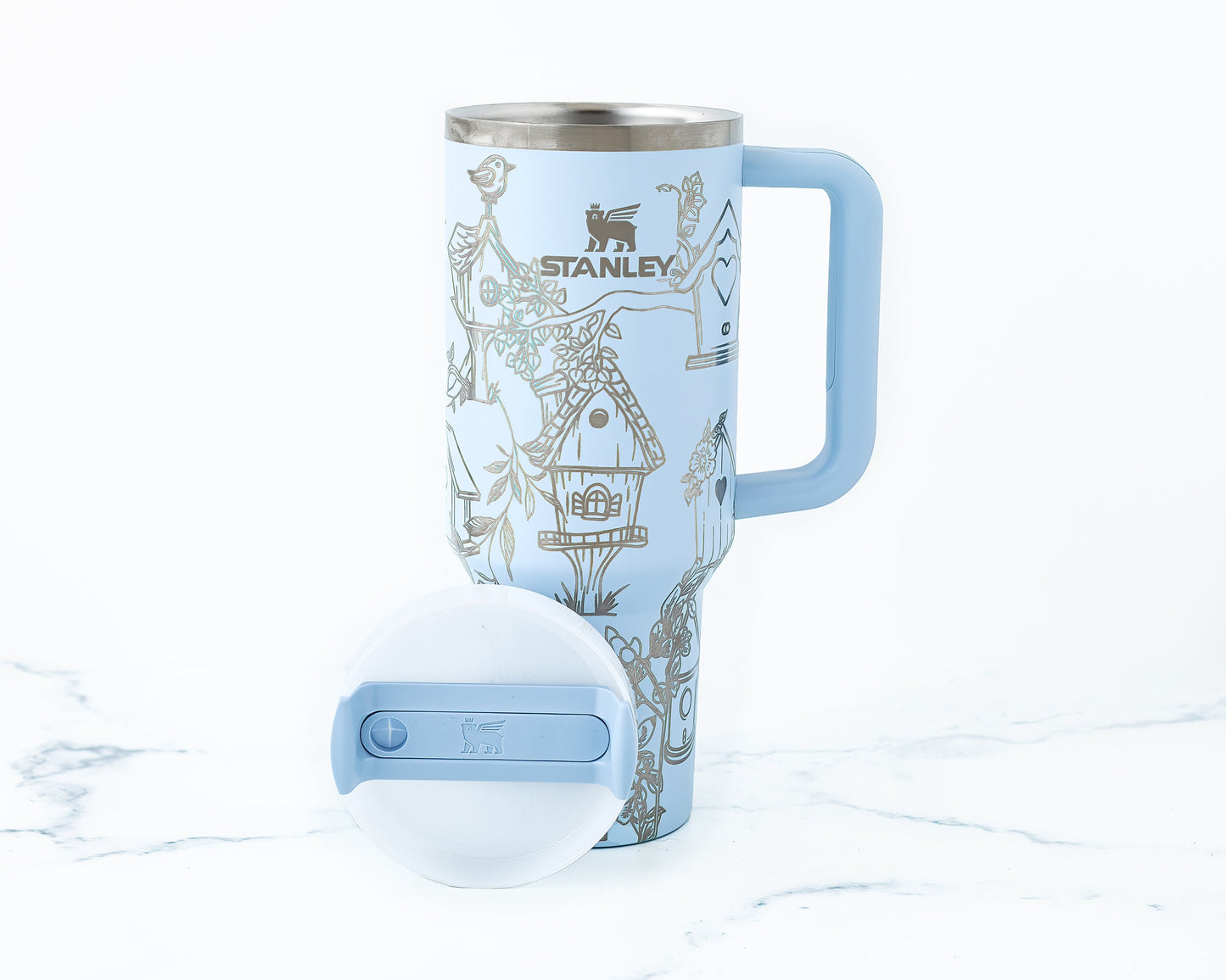 40oz Stanley Tumbler Laser Engraved with Birdhouse Wrap
