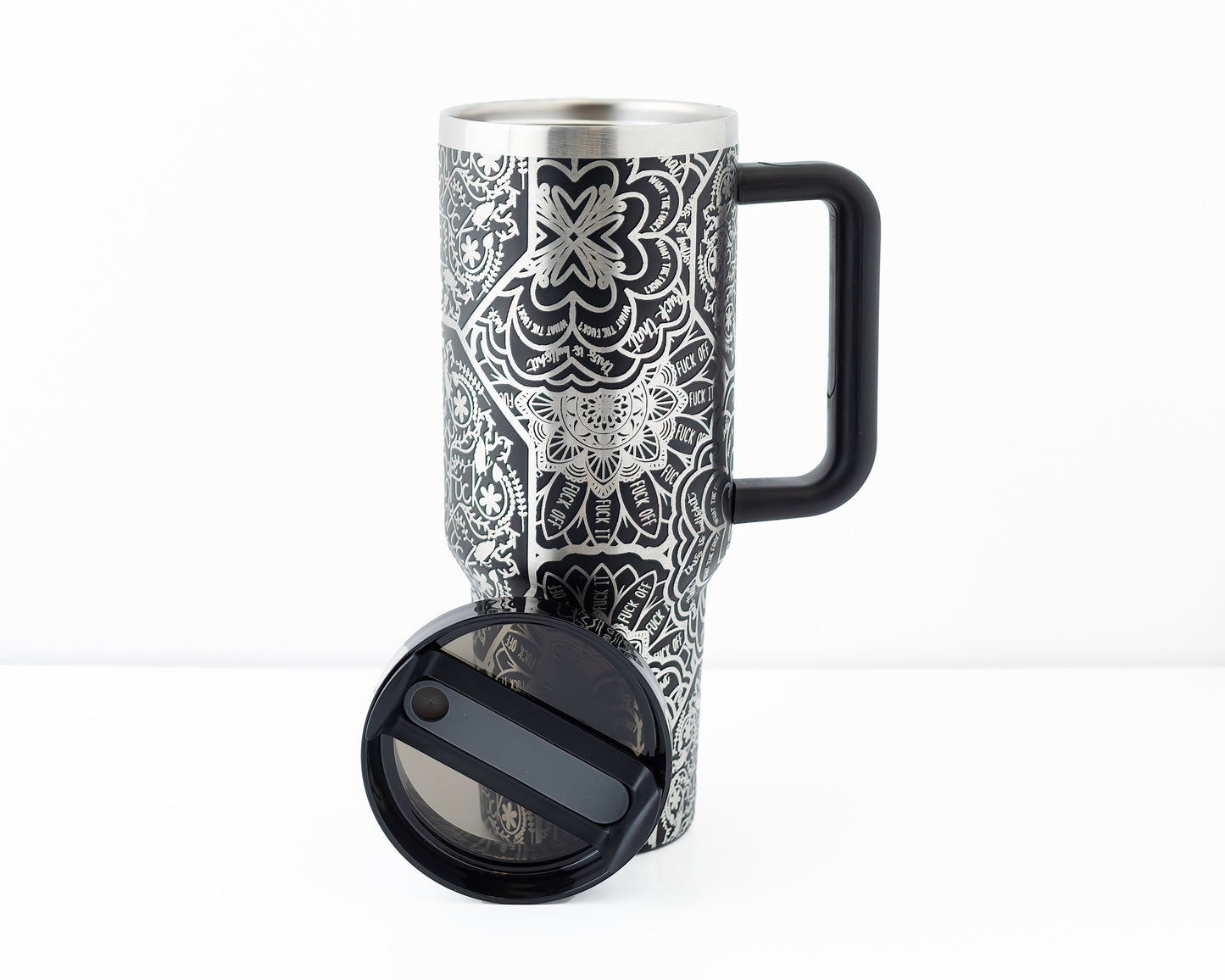 40oz Tumbler with Handle Laser Engraved with Hidden Cuss Word (f*ck) Mandala