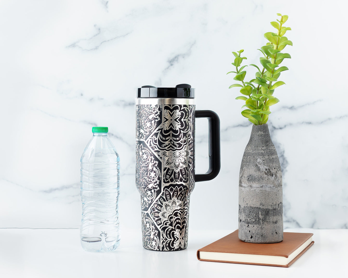 40oz Tumbler with Handle Laser Engraved with Hidden Cuss Word (f*ck) Mandala