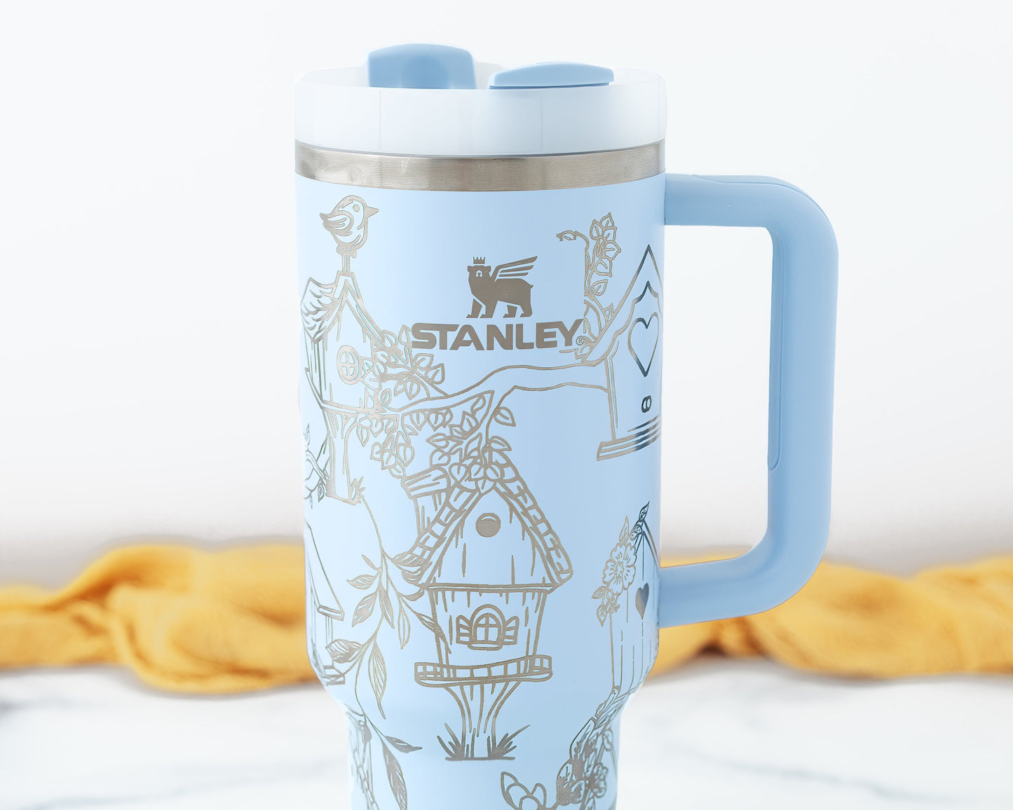 40oz Stanley Tumbler Laser Engraved with Birdhouse Wrap