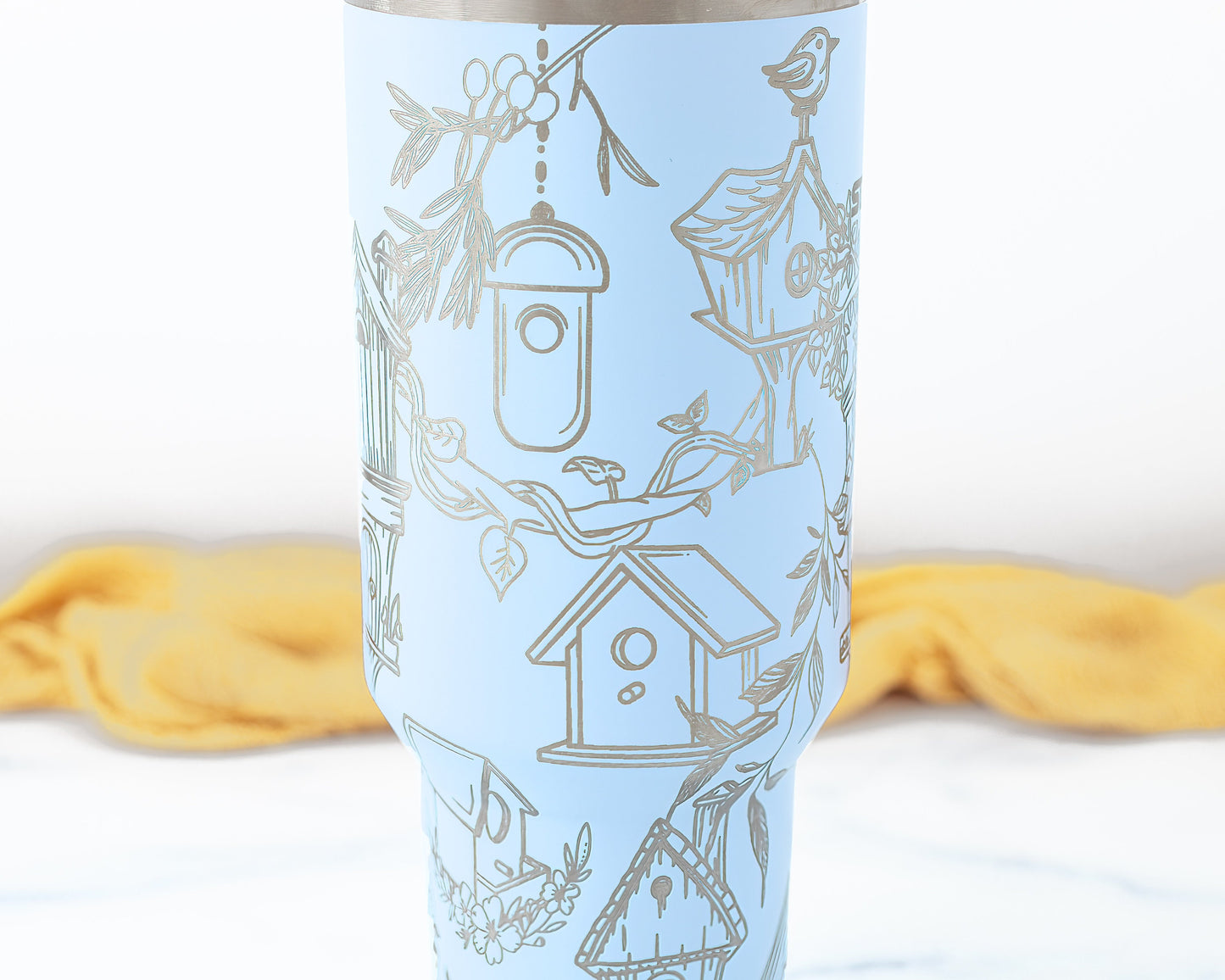 40oz Stanley Tumbler Laser Engraved with Birdhouse Wrap