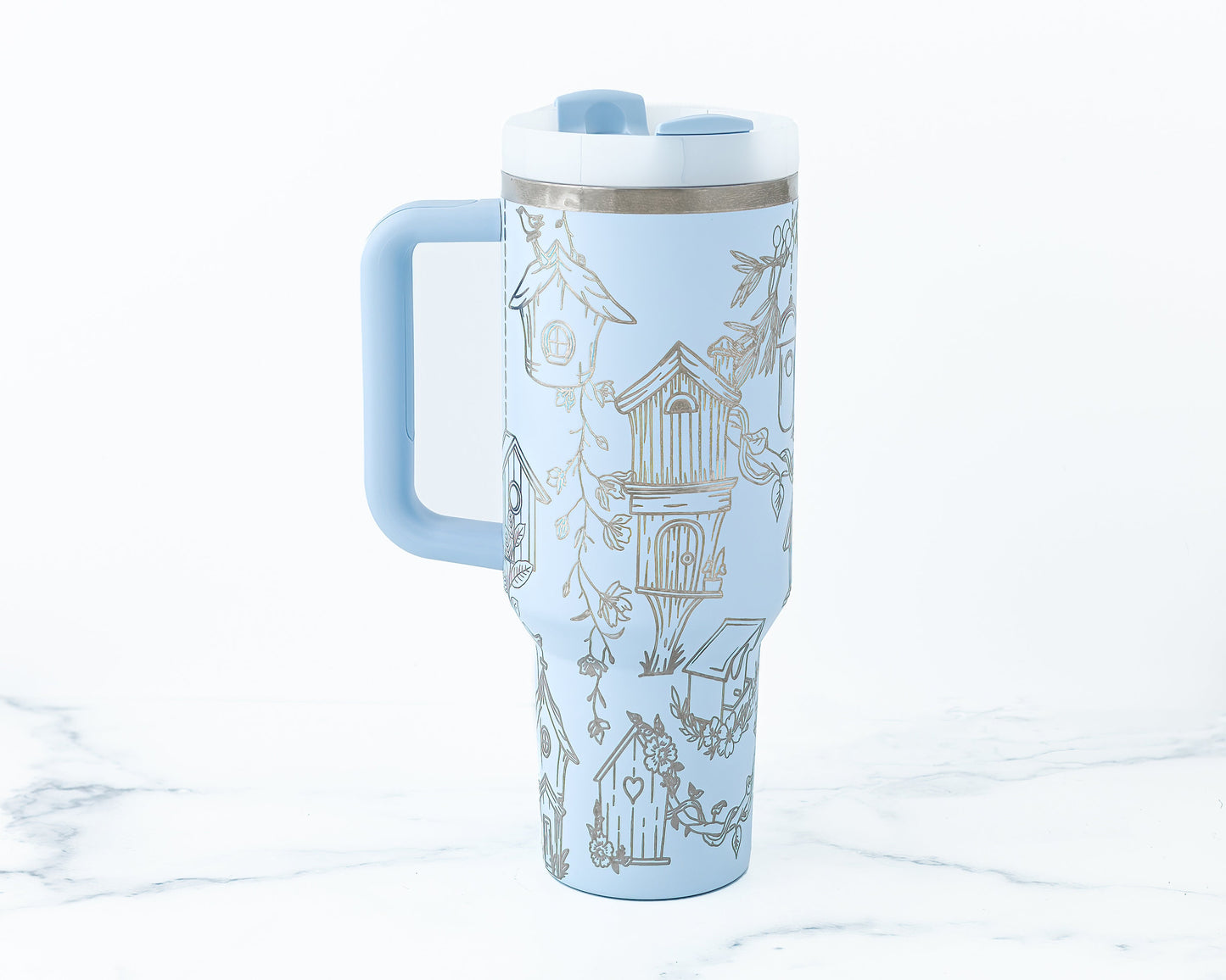 40oz Stanley Tumbler Laser Engraved with Birdhouse Wrap