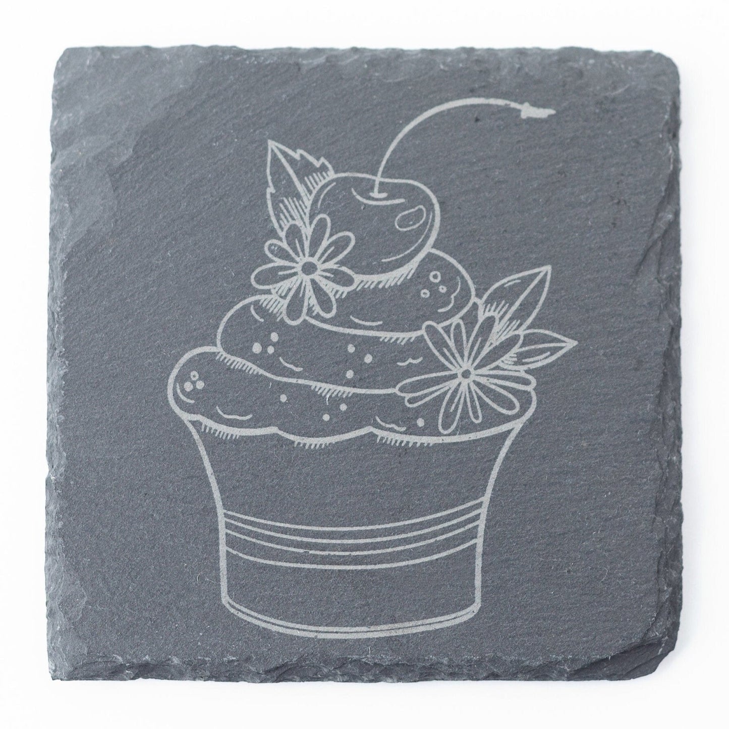 Cherry Cupcake Slate Coasters – Engraved Set of 4 for Bakers