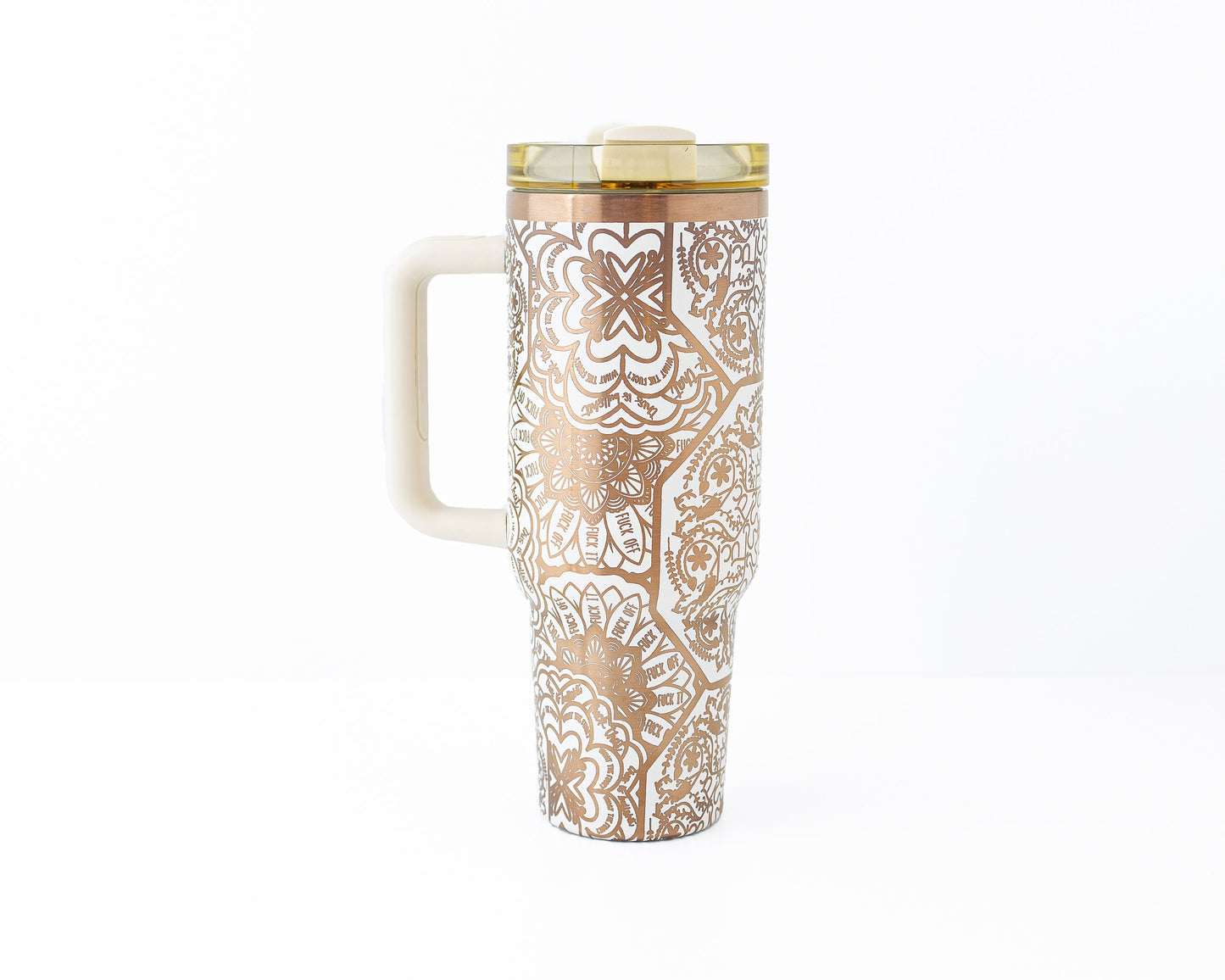 40oz Black or Cream Tumbler with Handle Laser Engraved with Hidden Cuss Word (f*ck) Mandala