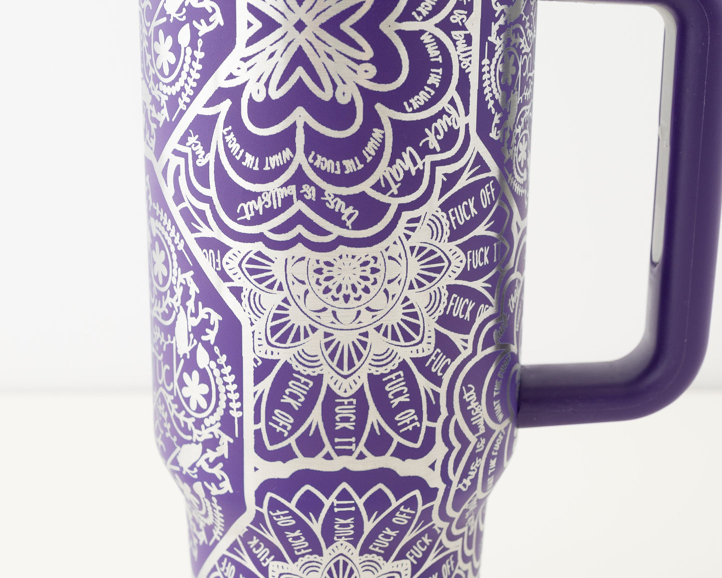 40oz Tumbler with Handle Laser Engraved with Hidden Cuss Word (f*ck) Mandala
