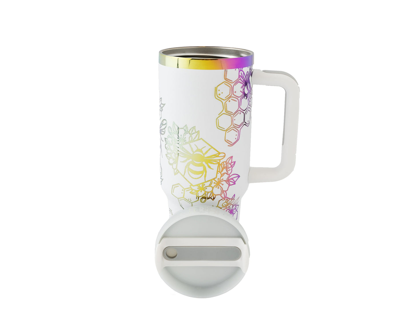 40oz Tumbler with Handle Laser Engraved with Bumble Bee and Honeycomb Design