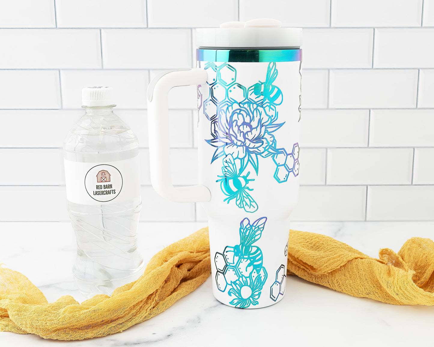 40oz Tumbler with Handle Laser Engraved with Bumble Bee and Honeycomb Design