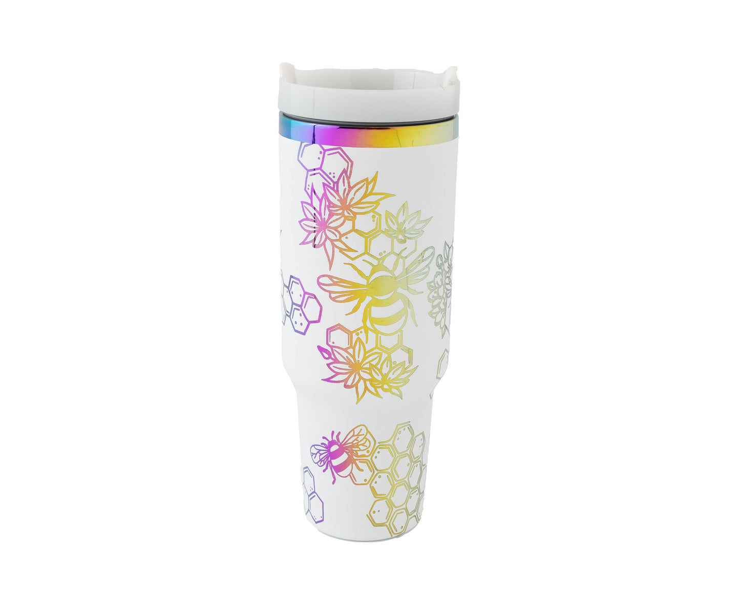 40oz Tumbler with Handle Laser Engraved with Bumble Bee and Honeycomb Design