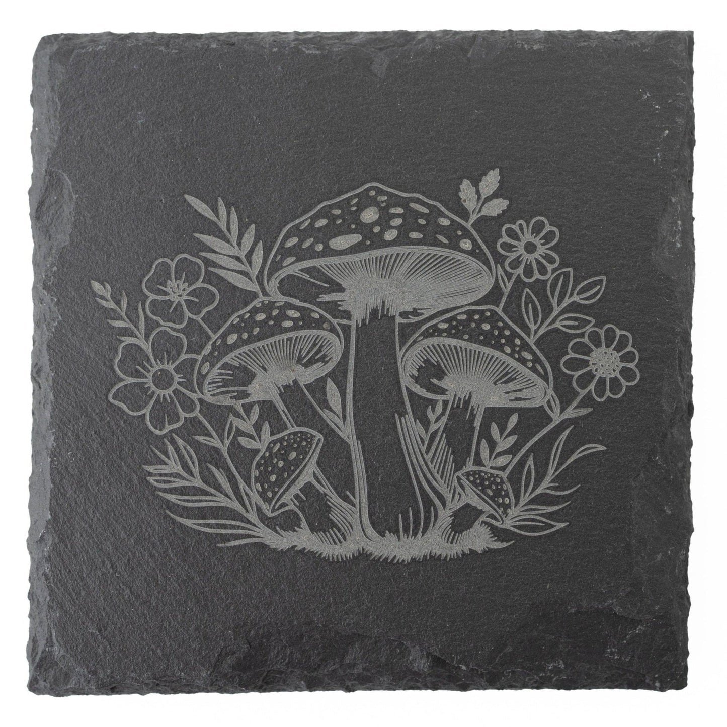 Mushroom & Flower Slate Coasters – Engraved Set of 4