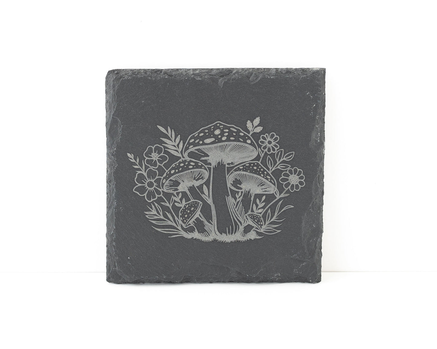 Mushroom & Flower Slate Coasters – Engraved Set of 4