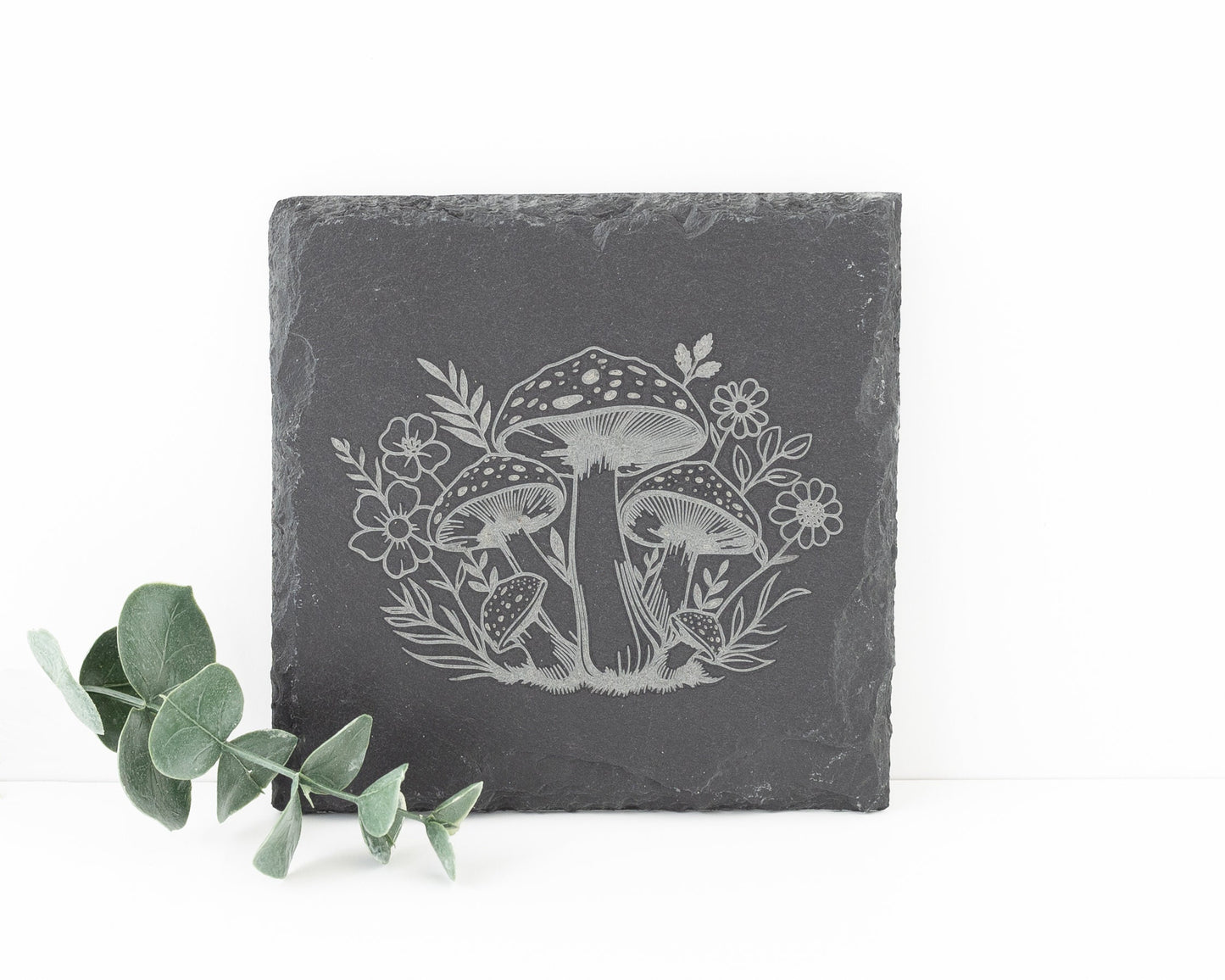 Mushroom & Flower Slate Coasters – Engraved Set of 4