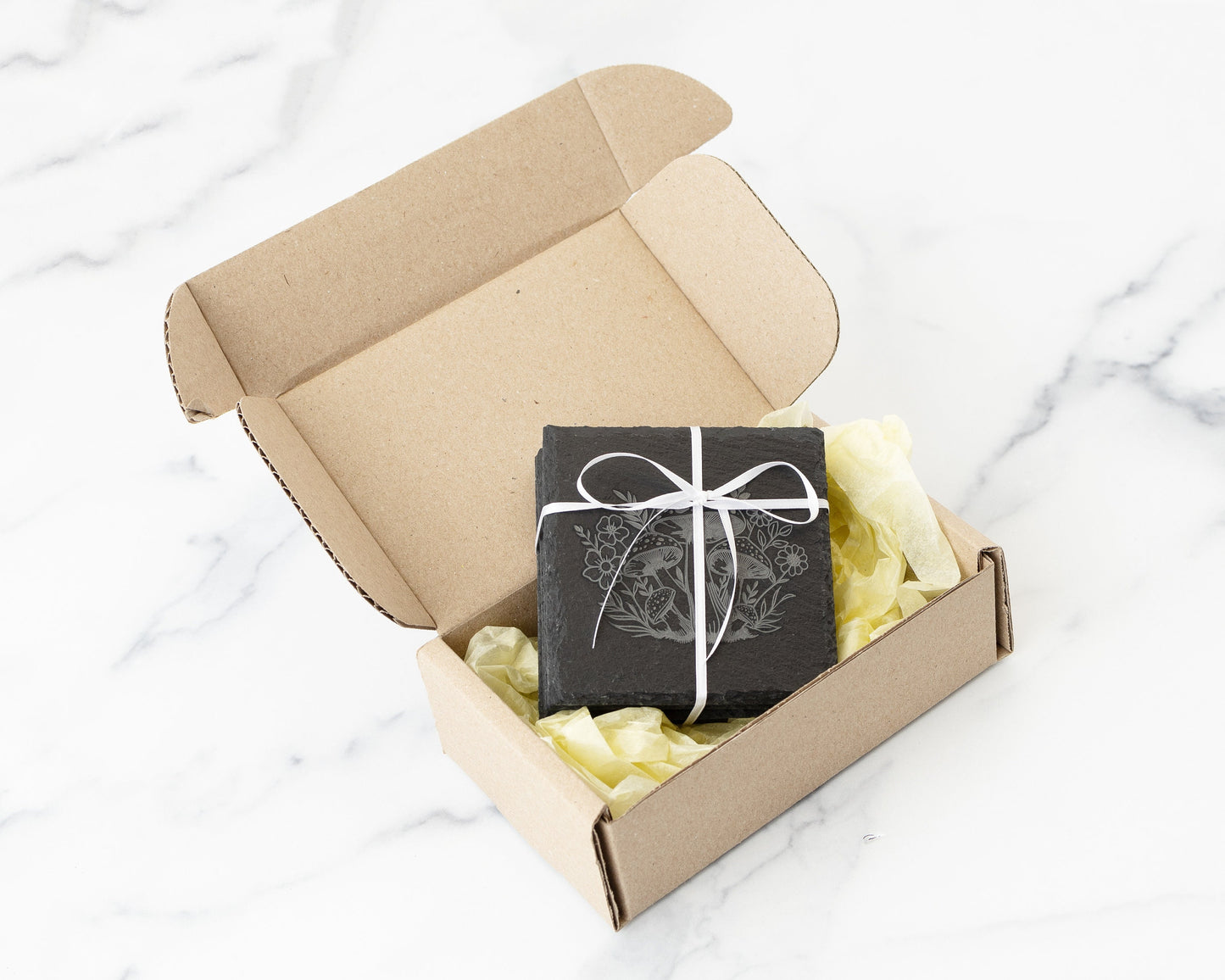 Mushroom & Flower Slate Coasters – Engraved Set of 4