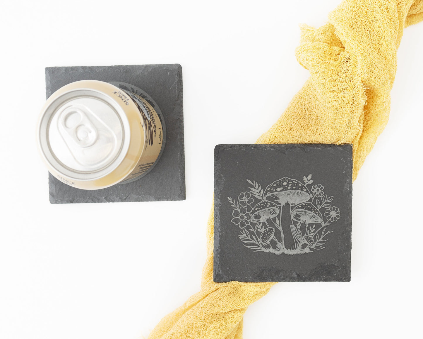 Mushroom & Flower Slate Coasters – Engraved Set of 4