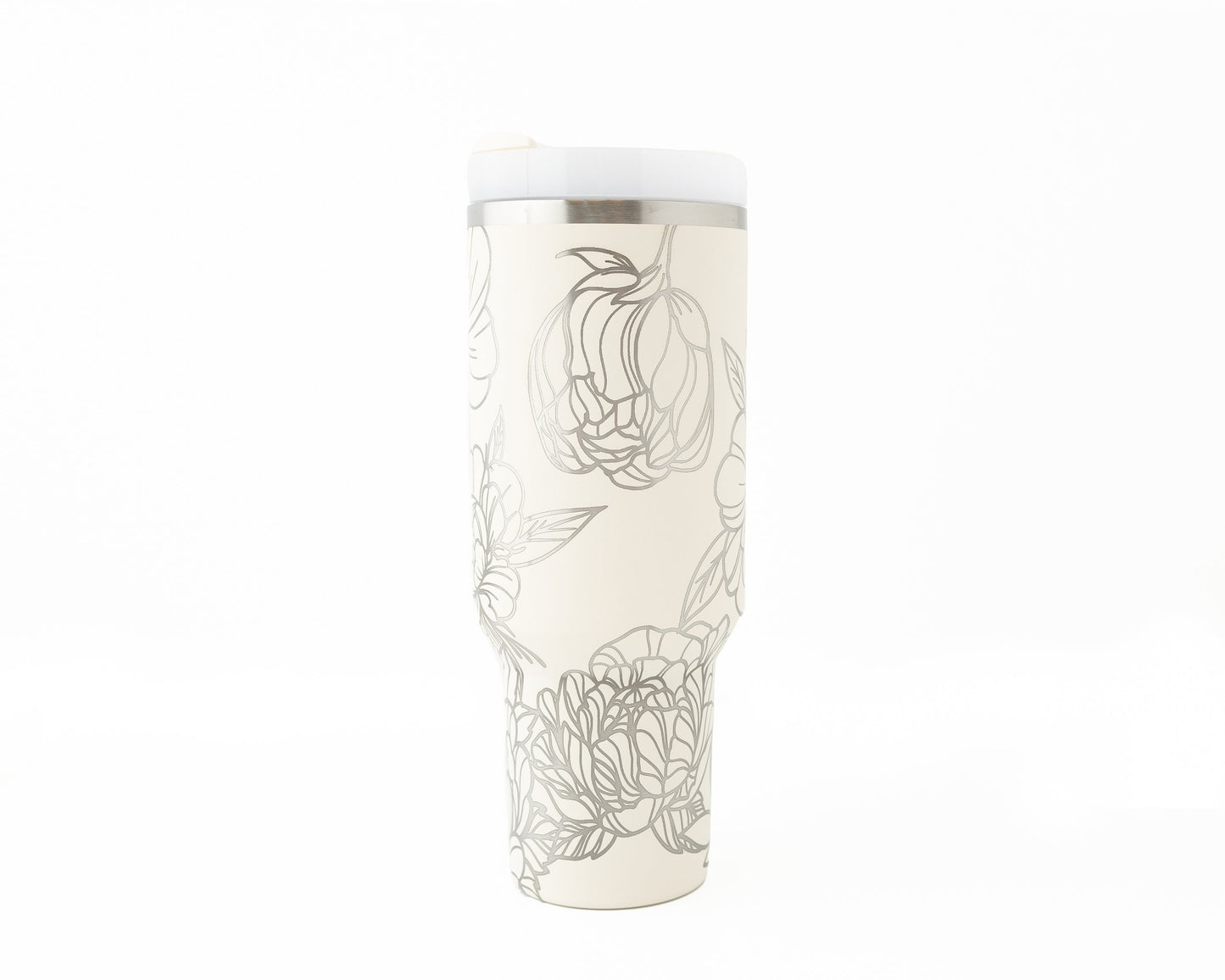 40oz Stanley Tumbler Laser Engraved with Peony Flower Wrap