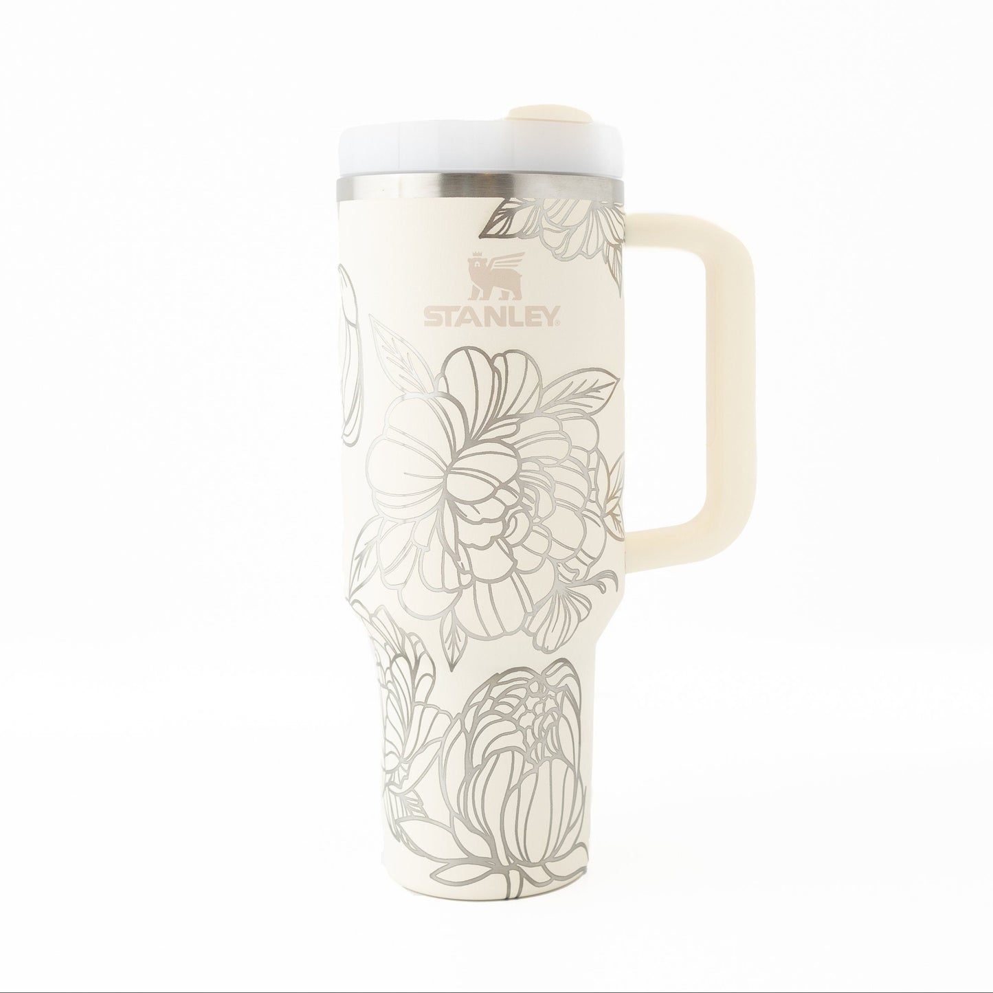 40oz Stanley Tumbler Laser Engraved with Peony Flower Wrap