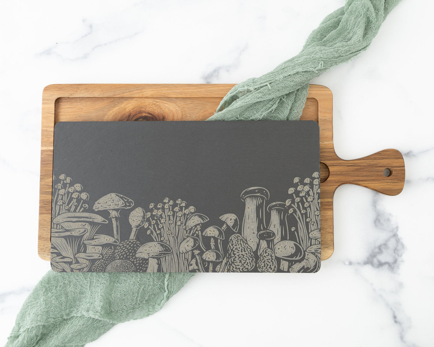 Mushroom Slate & Acacia Cheese Board – Engraved Charcuterie Gift for Hosts or Food Lovers