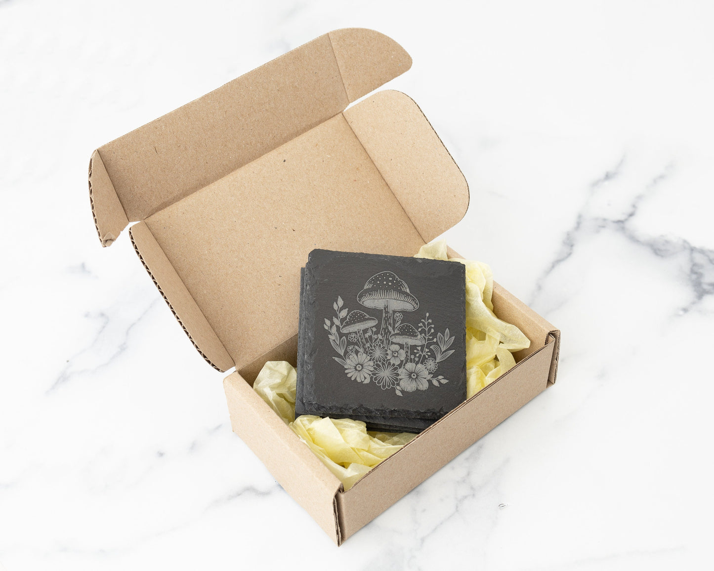 Engraved Slate Coasters – Set of 4 with Mushrooms & Floral Design