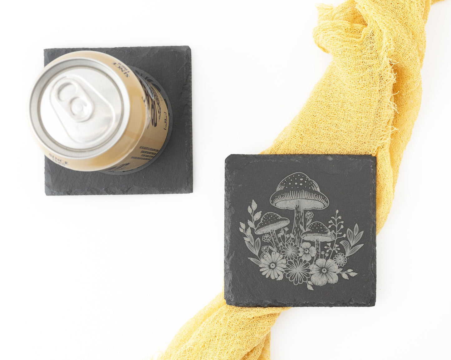 Engraved Slate Coasters – Set of 4 with Mushrooms & Floral Design