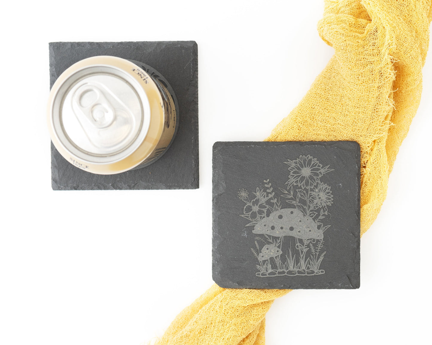 Mushroom & Sunflower Slate Coasters – Engraved Set of 4 for Nature Lovers