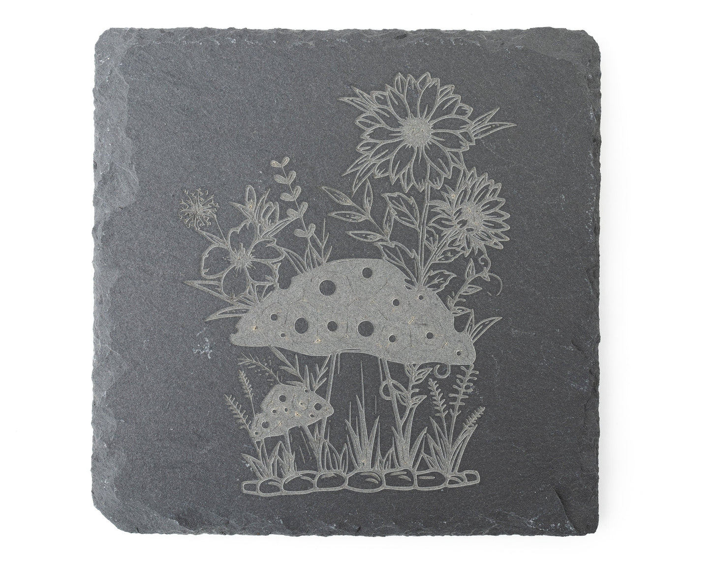 Mushroom & Sunflower Slate Coasters – Engraved Set of 4 for Nature Lovers