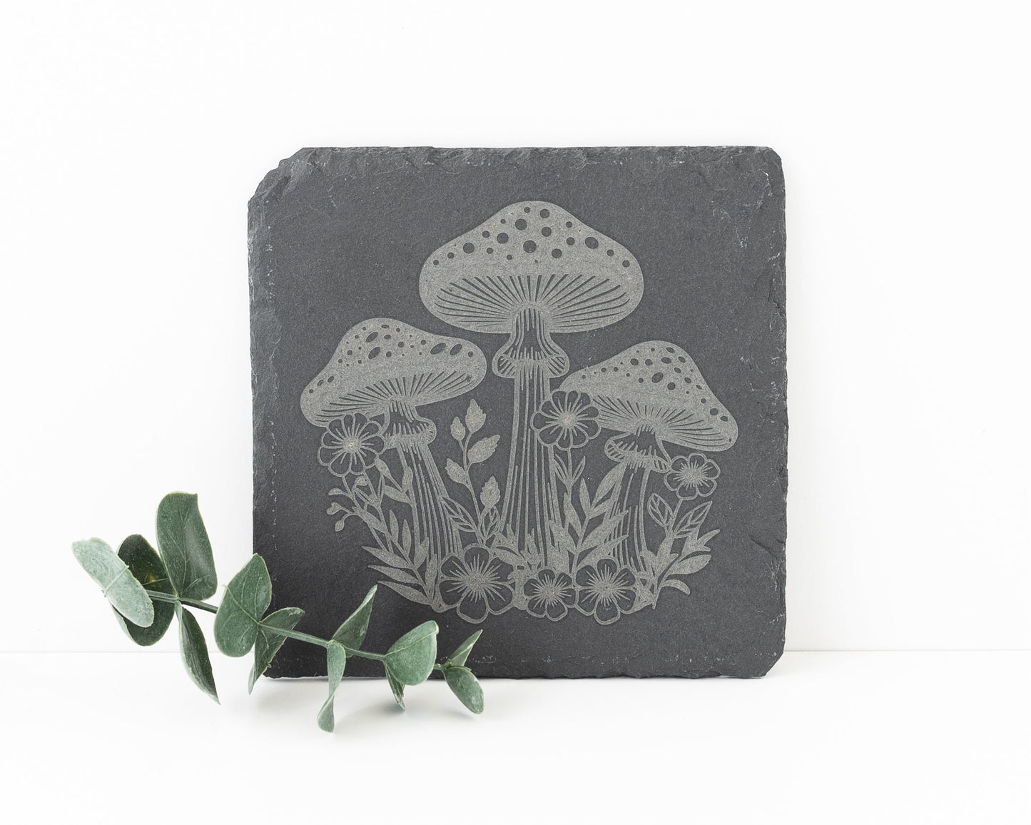 Spotted Mushroom & Flower Slate Coasters – Rustic Engraved Set of 4