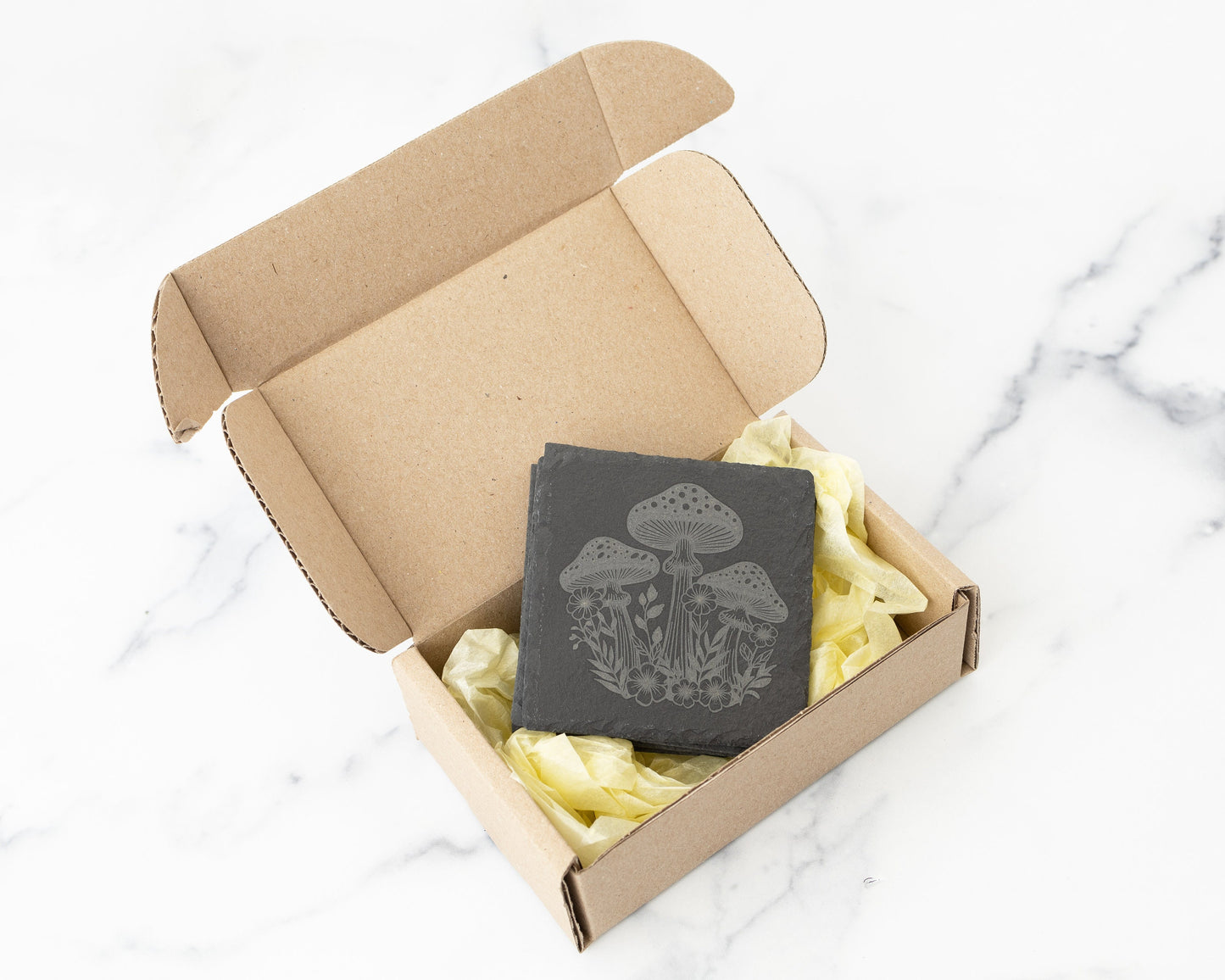 Spotted Mushroom & Flower Slate Coasters – Rustic Engraved Set of 4
