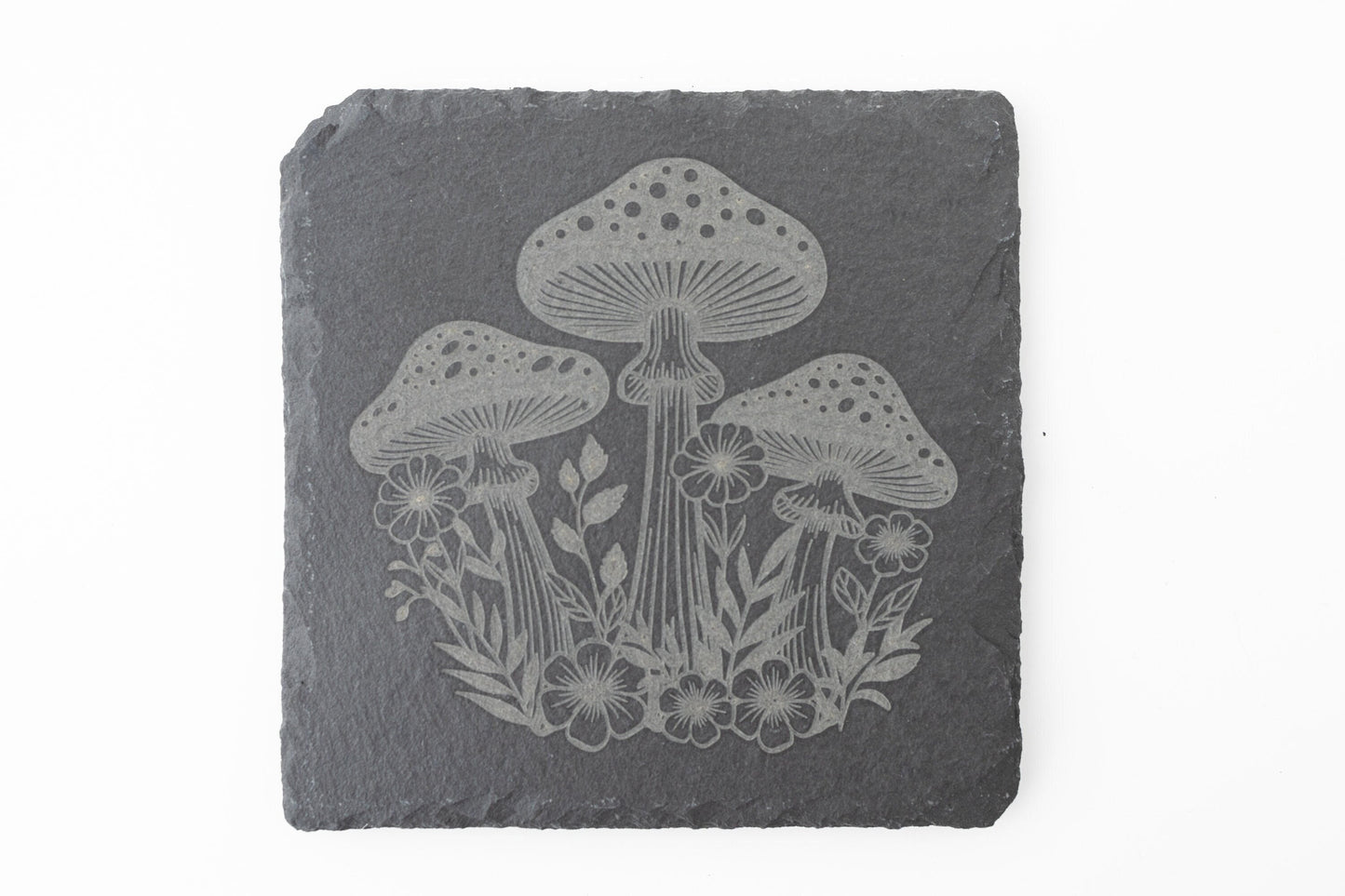 Spotted Mushroom & Flower Slate Coasters – Rustic Engraved Set of 4